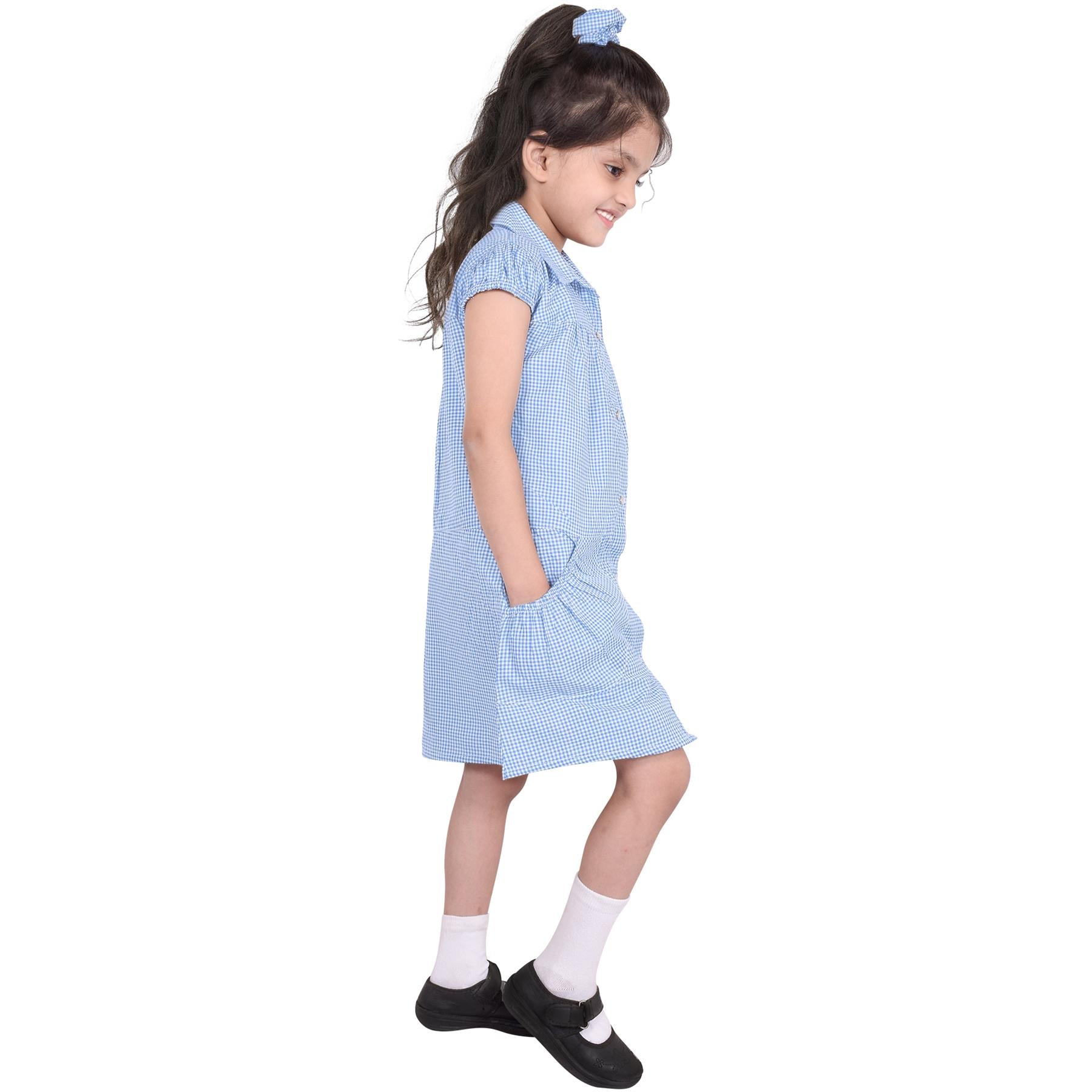 Kids Girls Pack Of 2 Uniform School Dress Gingham Dress With Matching Scrunchies