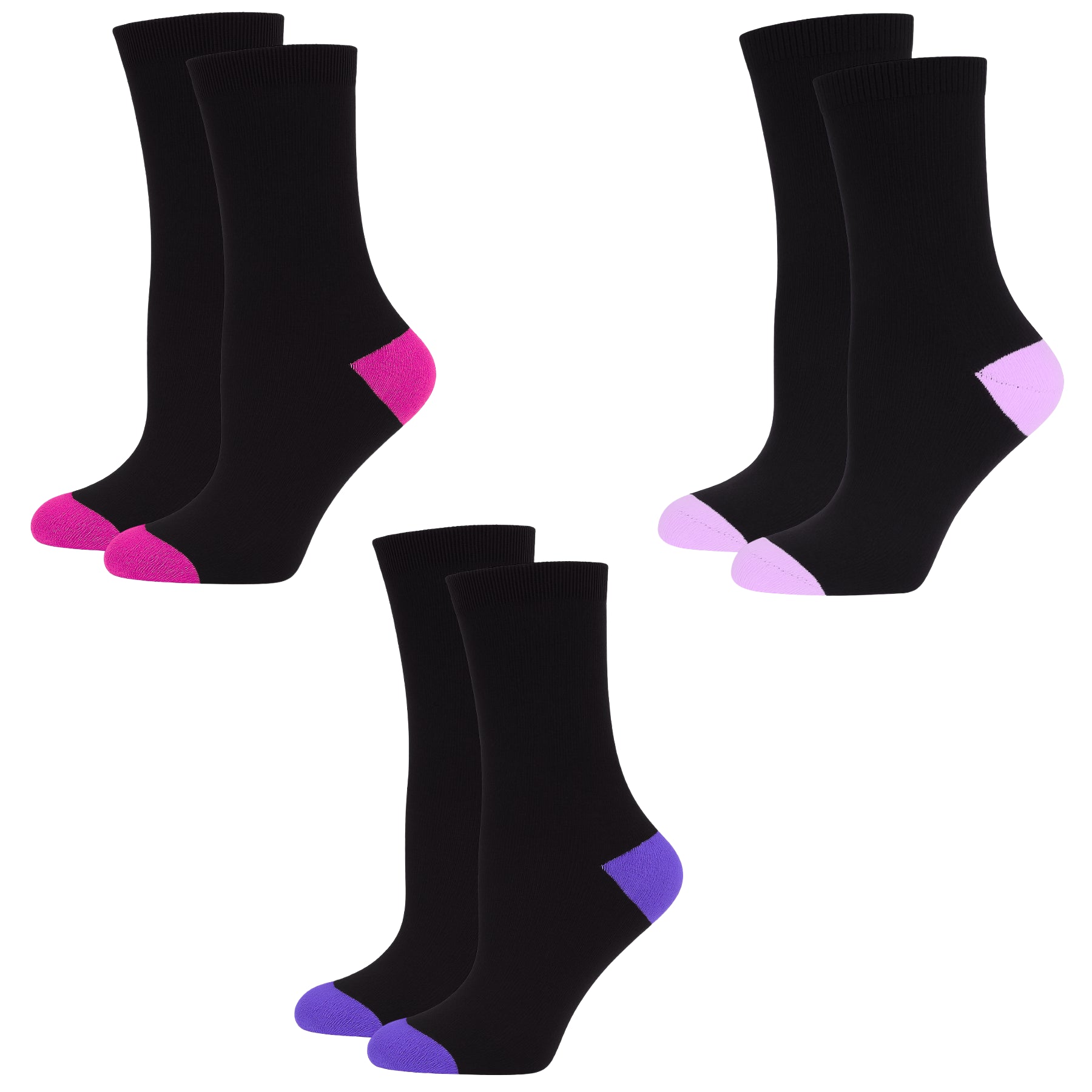 Women Plain Cotton Crew Socks Multipack Contrast Heel Toe Casual Ladies Socks