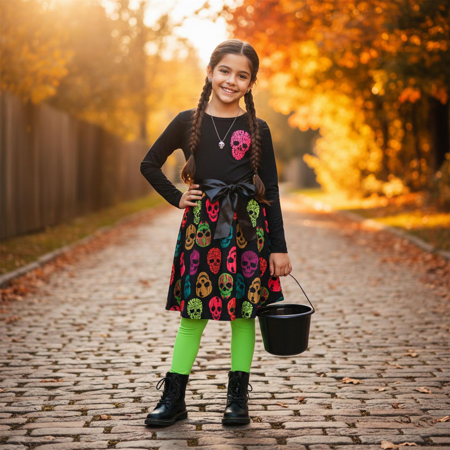 Girls Multi Colors Skull Print Halloween Skater Dress