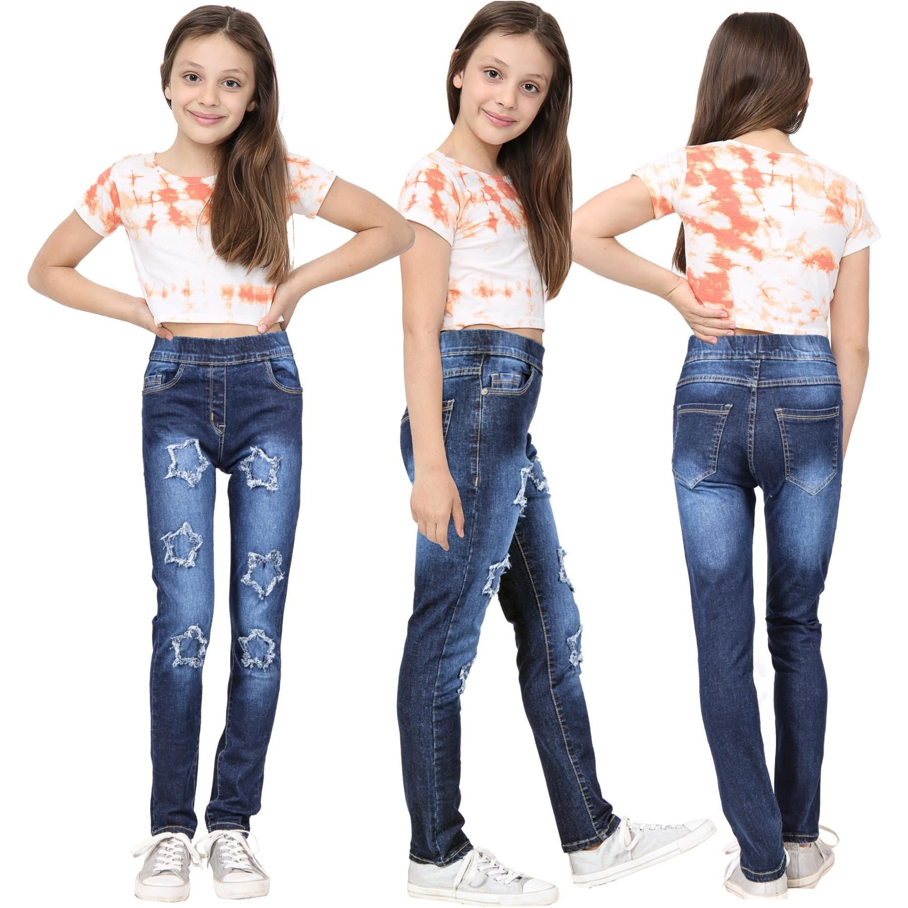 Kids Girls Comfort Stretchy Stars Ripped Fashion Denim Jeans