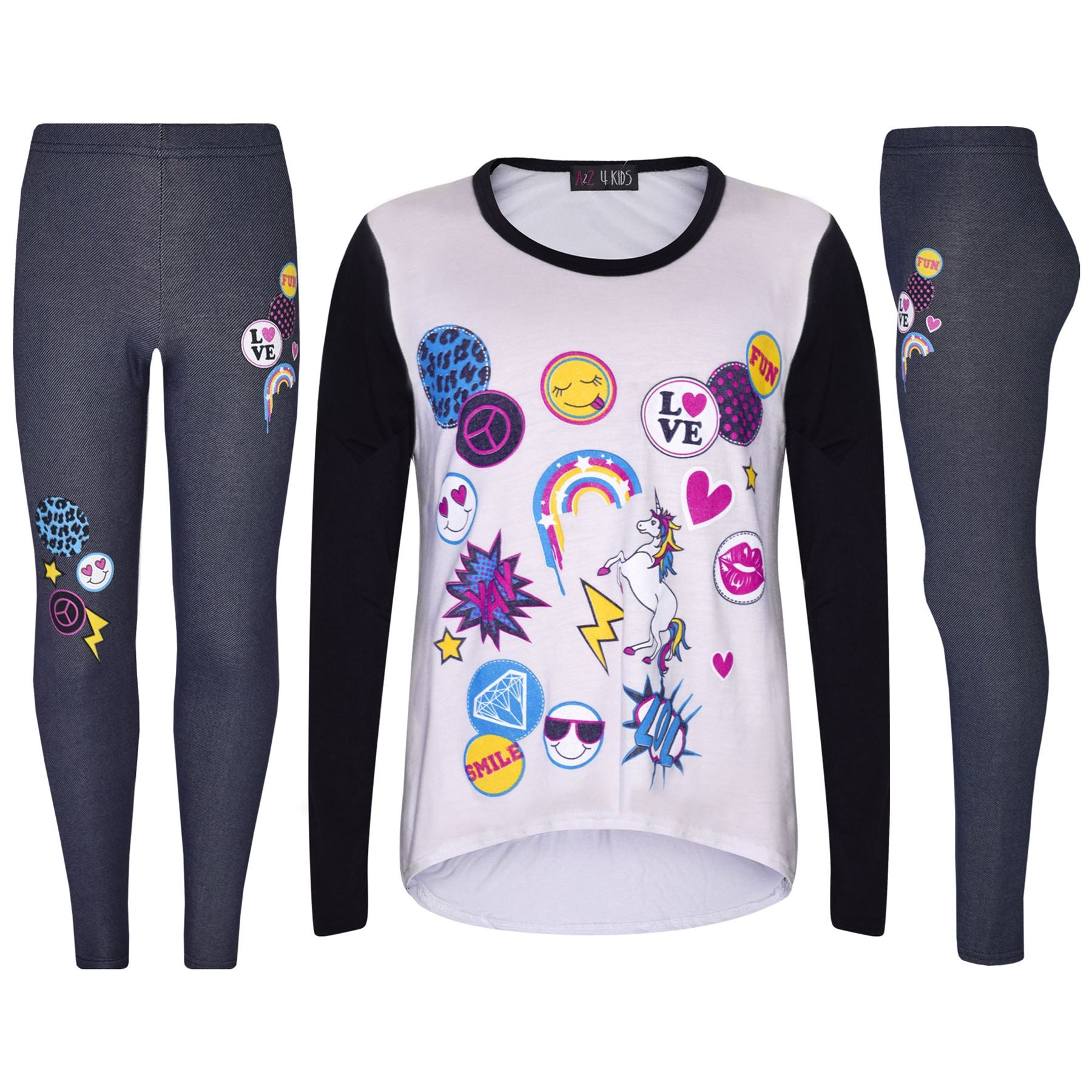 Girls Top Kids Long Sleeves Unicorn & Rainbow Print T Shirt & Legging Set