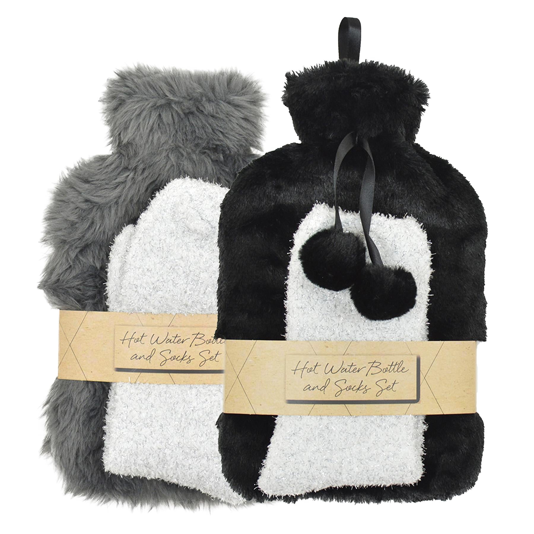 A2Z Hot Water Bottle 1.5 Litre Plush Faux Fur Fleece Cover & Cosy Socks Gift Set