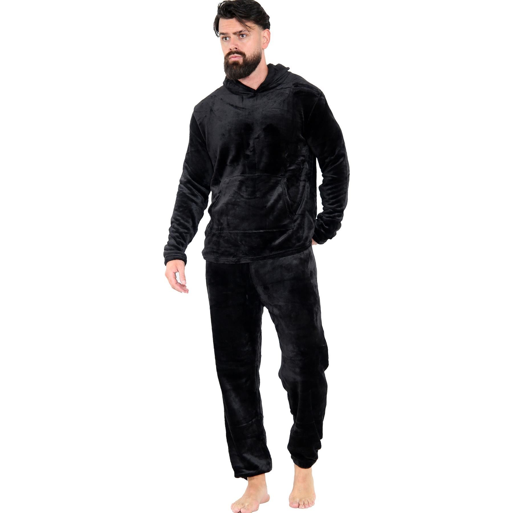 Mens Pyjamas Set Long Sleeve Hooded Plain Soft Fleece Pyjamas Set