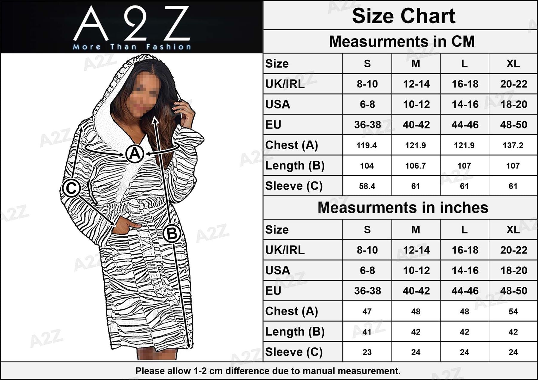 A2Z Women's Luxurious Flannel Fluffy Fleece Robe Zebra Hooded Dressing Gown