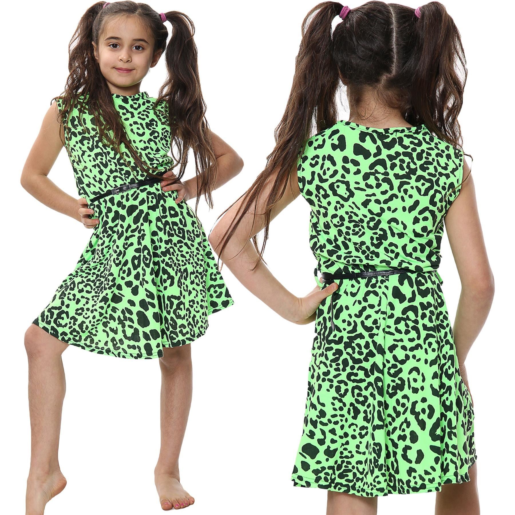 Kids Girls Skater Dress Leopard Summer Dresses With A Free Belt Age 5-13 Years