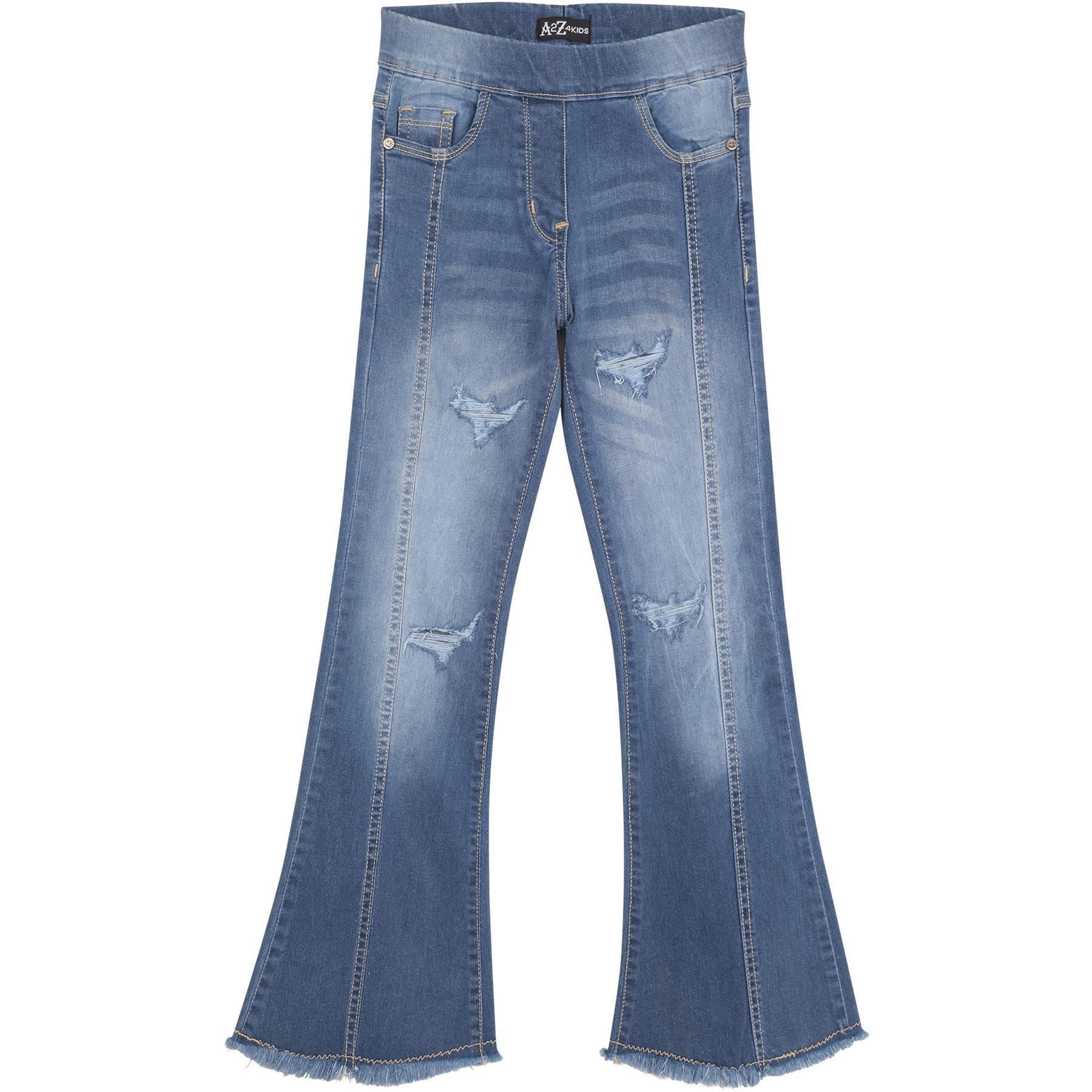 A2Z 4 Kids Girls Denim Jeans Stretchy Mid Bue Flared Ripped Bell Bottom Pants