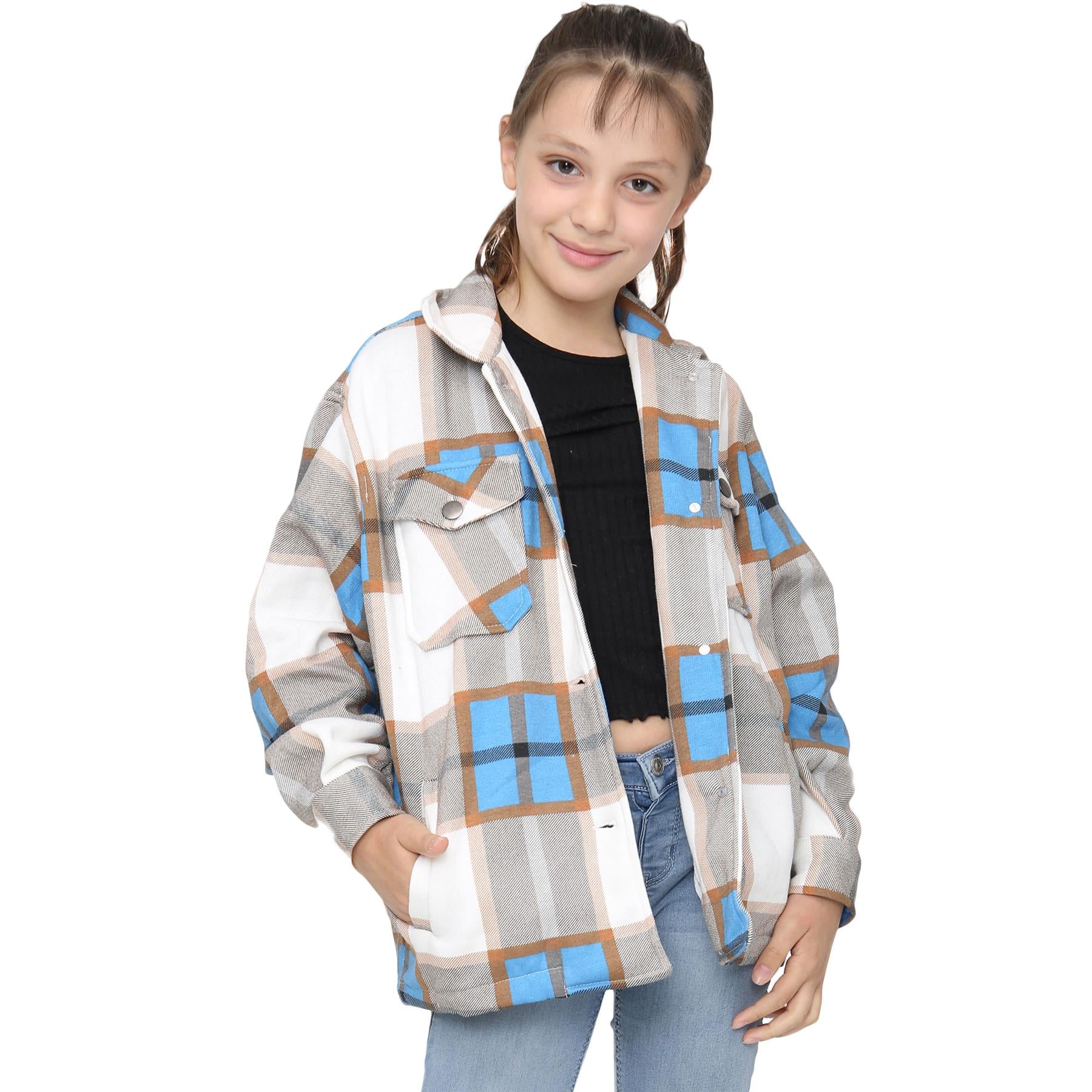 Kids Girls Check Print Blue Jackets Tunic Fleece Collared Fashion Coat 7-13 Year