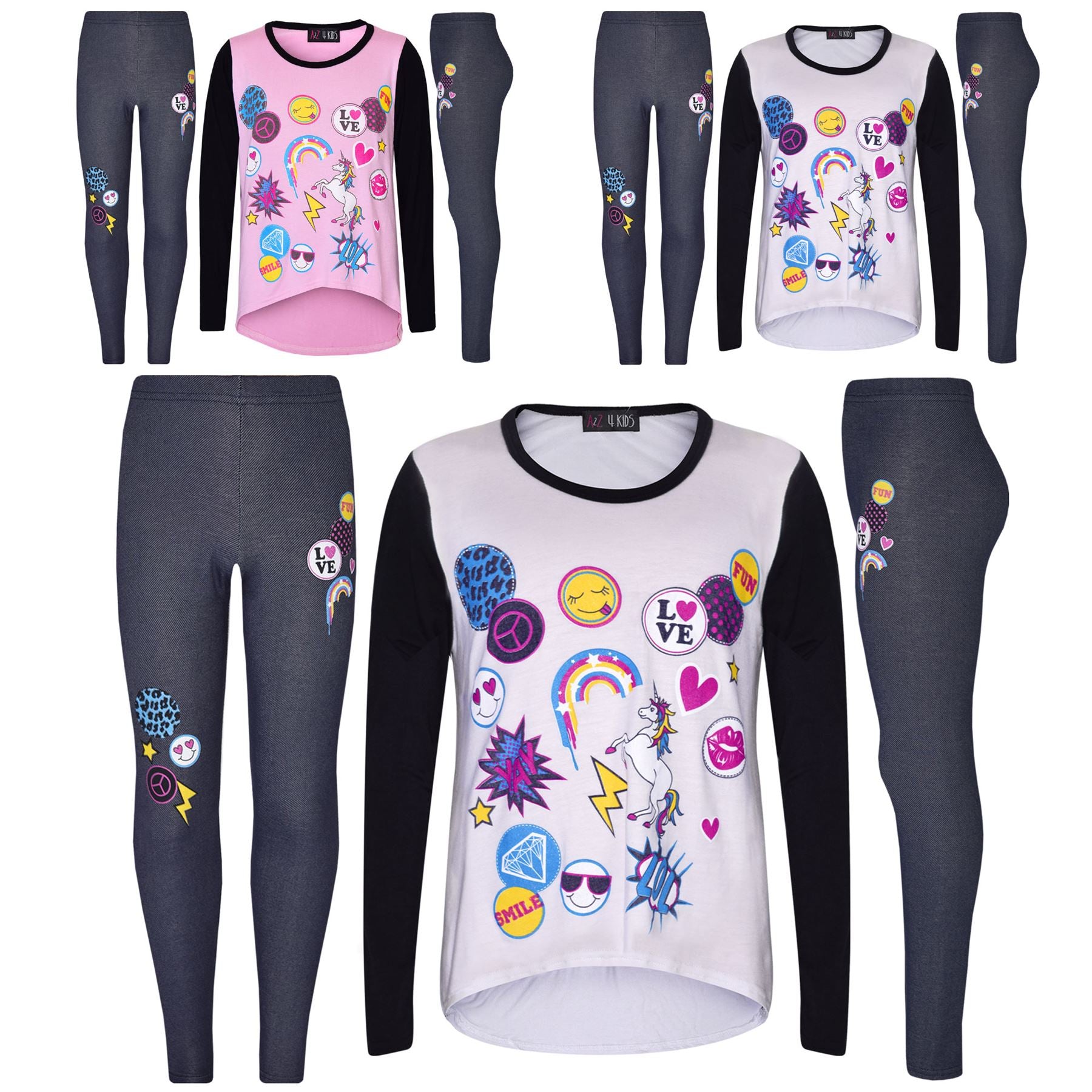 Girls Top Kids Long Sleeves Unicorn & Rainbow Print T Shirt & Legging Set