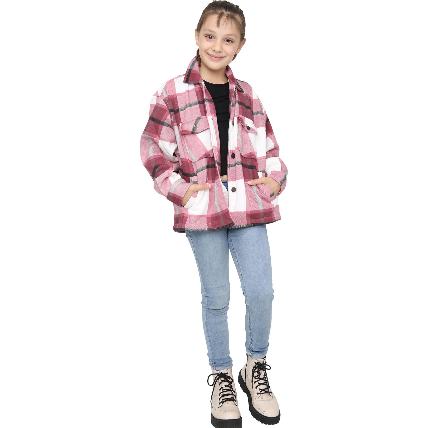 Kids Girls Check Print Wine Jackets Tunic Fleece Collared Fashion Coat 7-13 Year