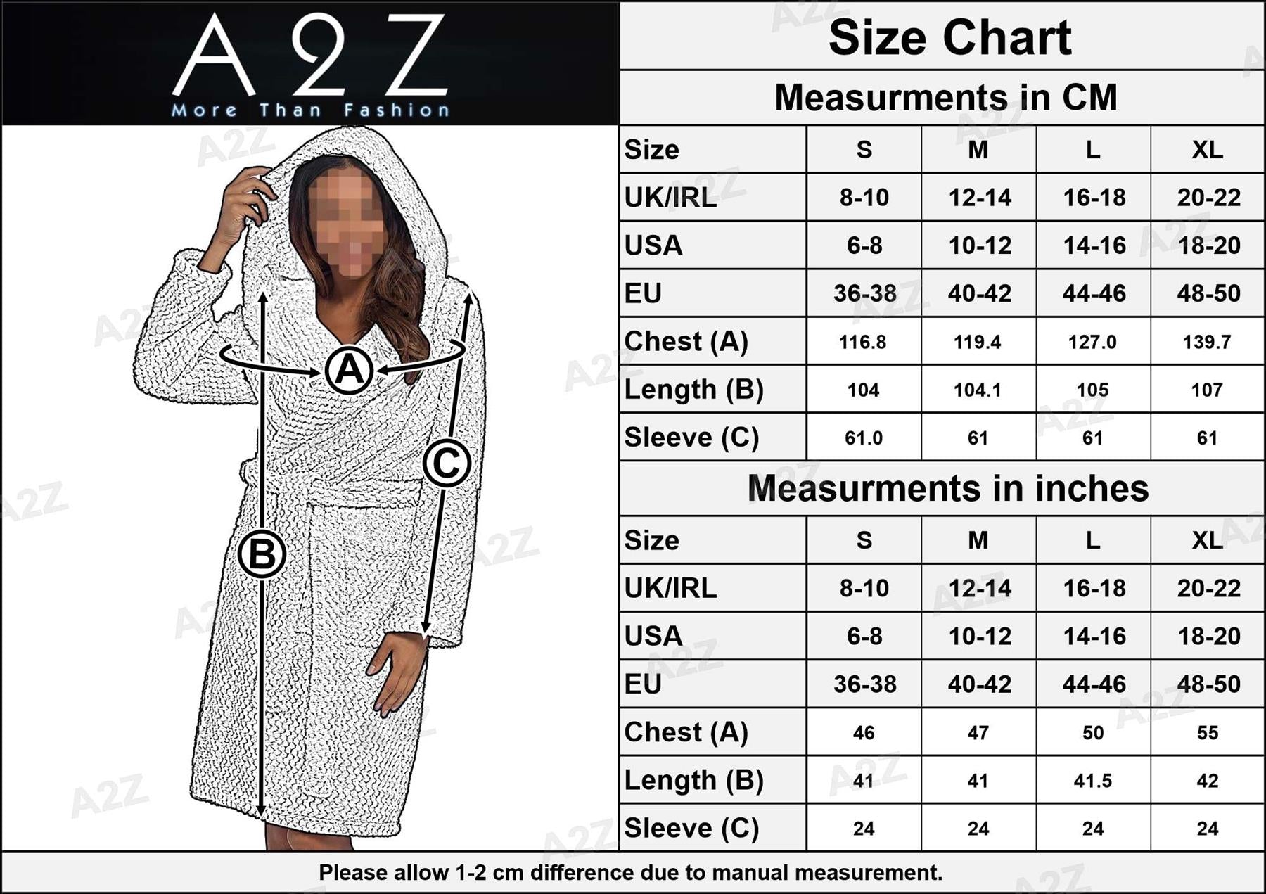 A2Z Women's Luxurious Flannel Fluffy Fleece Robe Honeycomb Hooded Dressing Gown