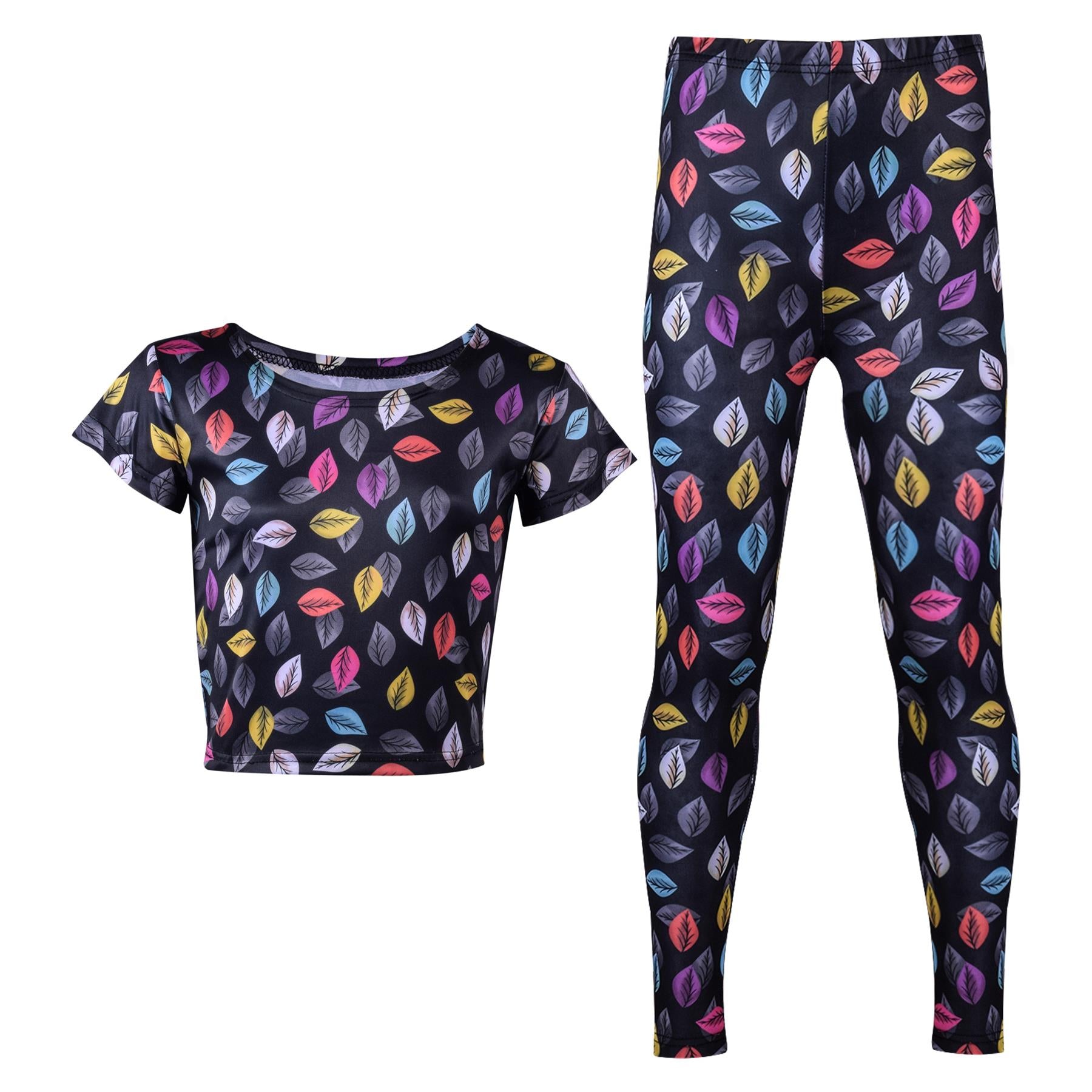 Kids Girls Leaves Crop Top Legging Set Comfortable Casual Wear Outfit Sets