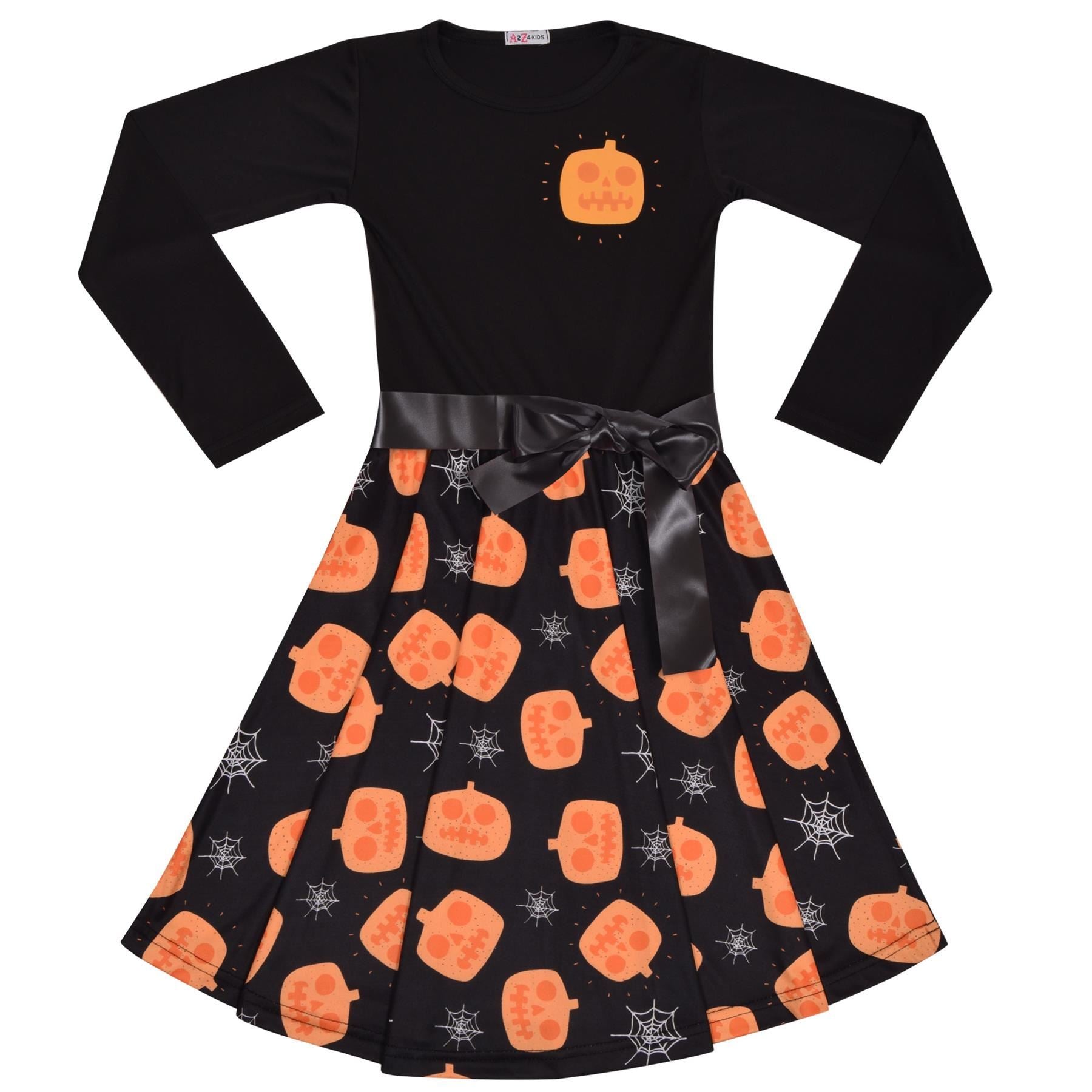 Girls Long Sleeves Black Panelled Pumpkins Print Halloween Skater Dress