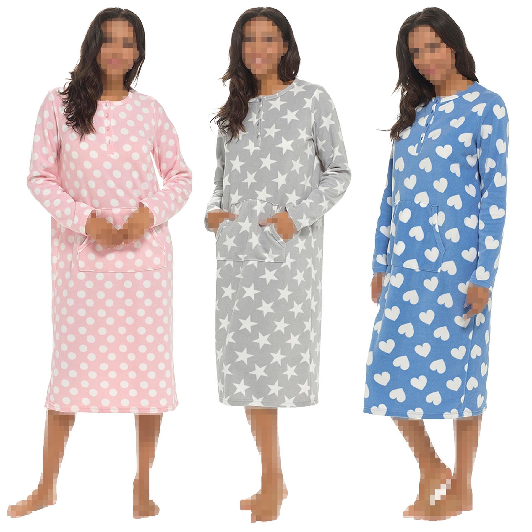 Womens Nightie Polar Fleece Ladies Nightgown Soft Feel Button Placket Sleepwear