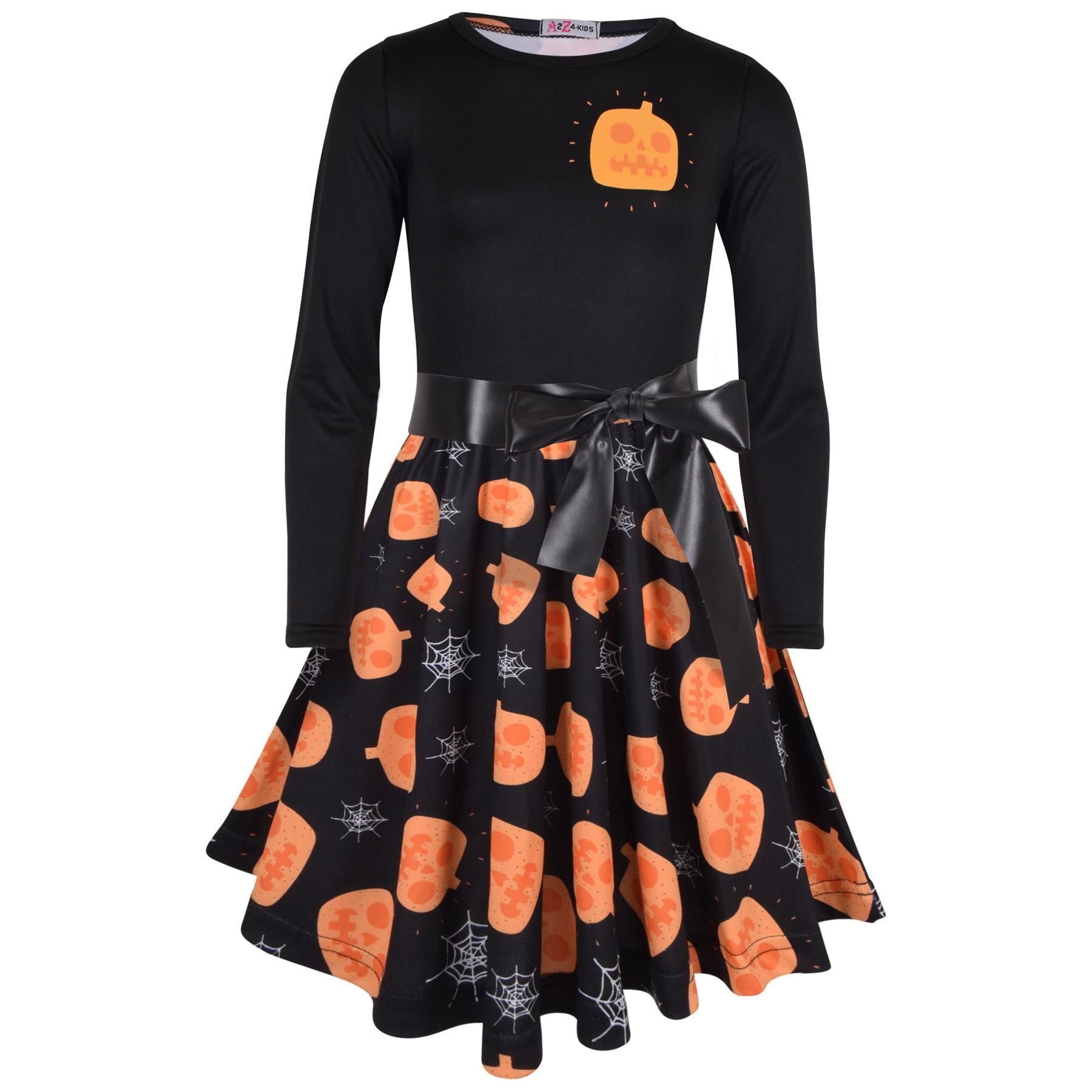 Girls Long Sleeves Black Panelled Pumpkins Print Halloween Skater Dress