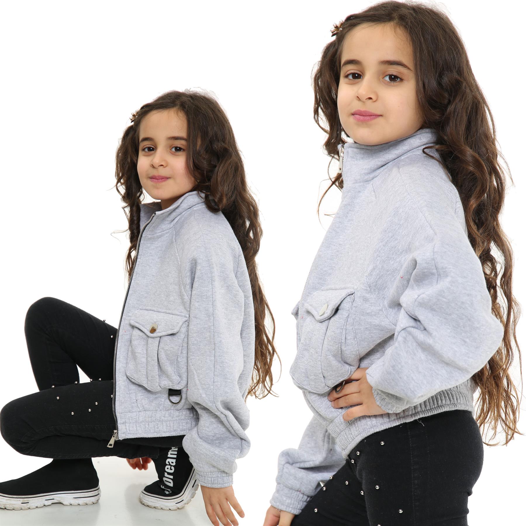 Kids Girls Plain Zip Up Cropped Jackets Utility Pockets Fleece Collared Coats