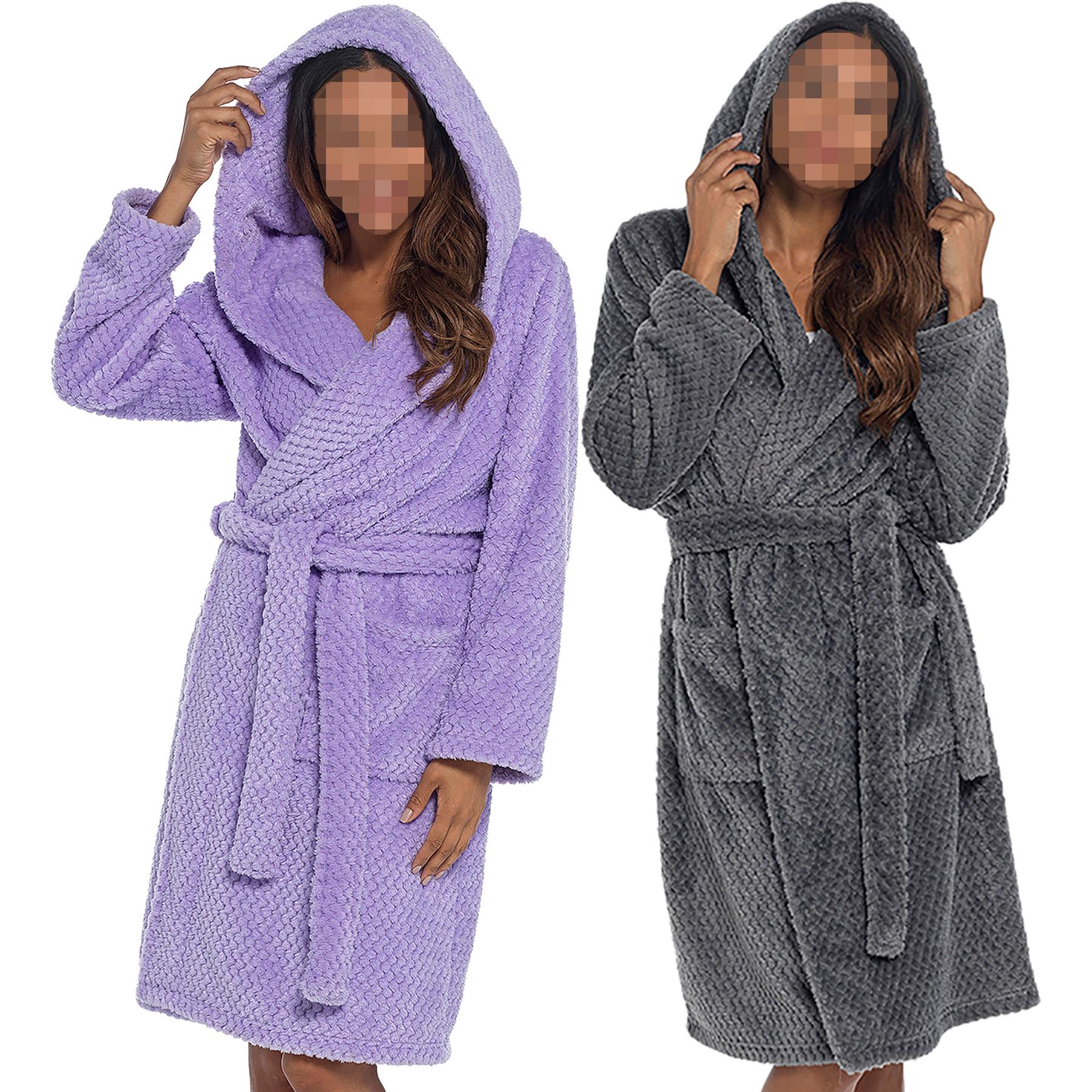 A2Z Women's Luxurious Flannel Fluffy Fleece Robe Honeycomb Hooded Dressing Gown