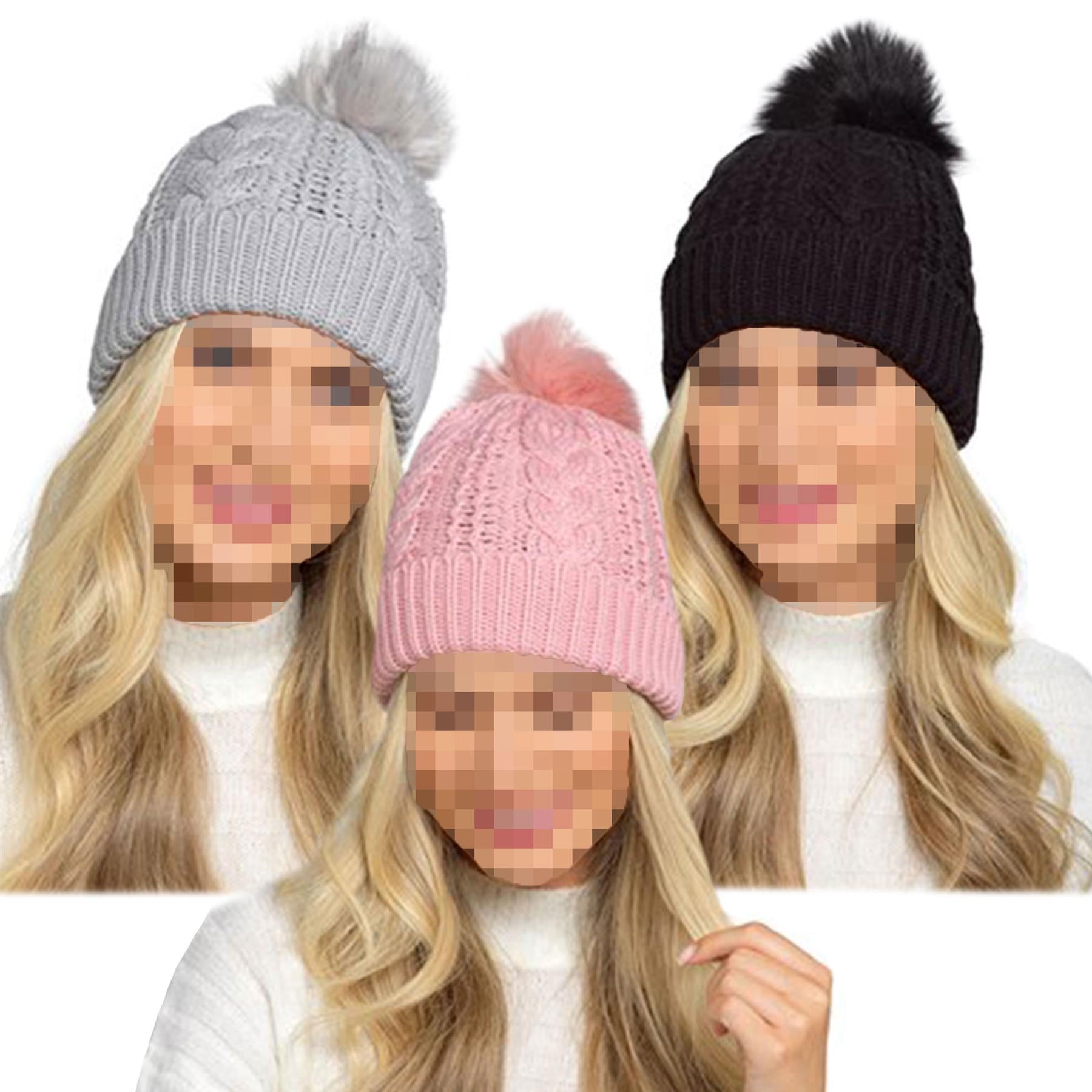 A2Z Ladies Hat Cable Knitted Detachable Pom Pom Stretchy Winter Warm Cazy Caps