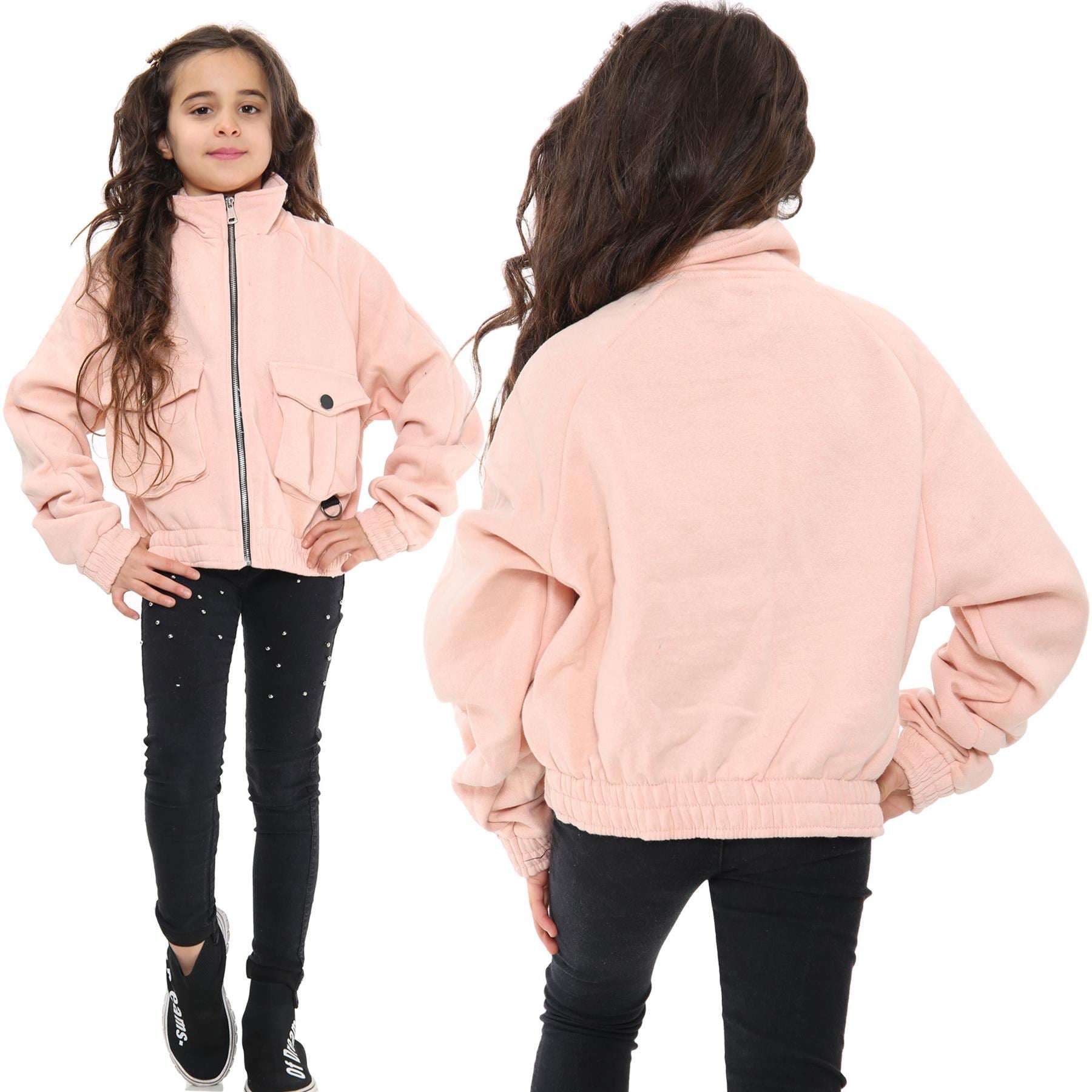 Kids Girls Plain Zip Up Cropped Blush Jackets Utility Pockets Fleece Coats 7-13Y