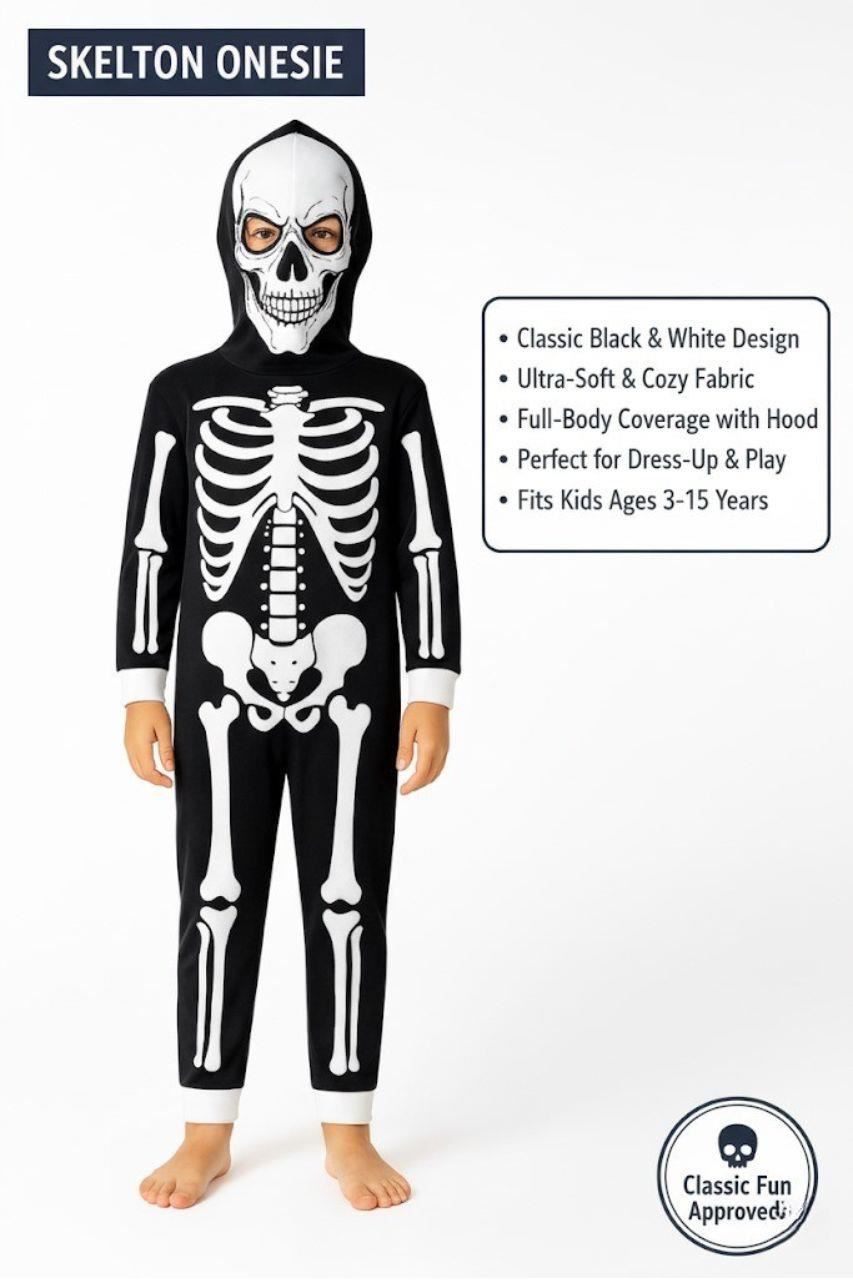Kids Girls Boys Skeleton Print Pyjama Halloween Onesie