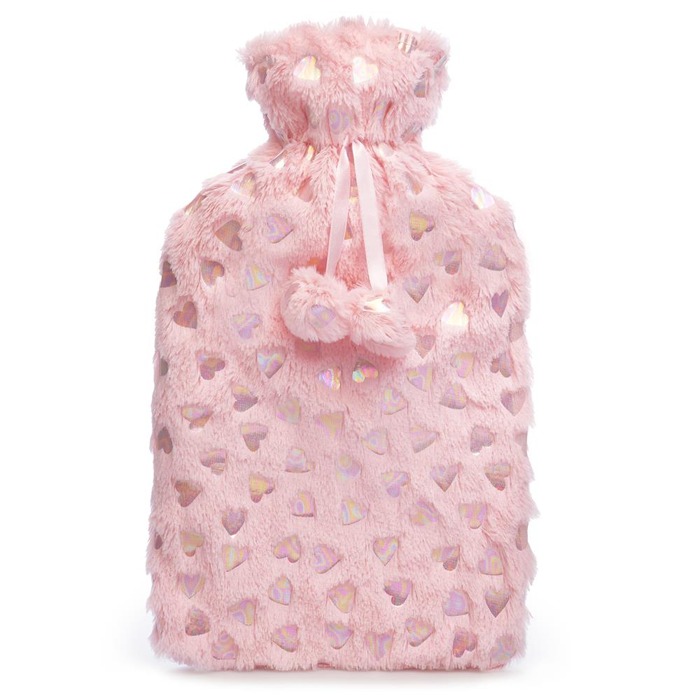 A2Z Hot Water Bottle 2L Metalic Heart & Stars Plush Fleece Cover Hot Water Bag