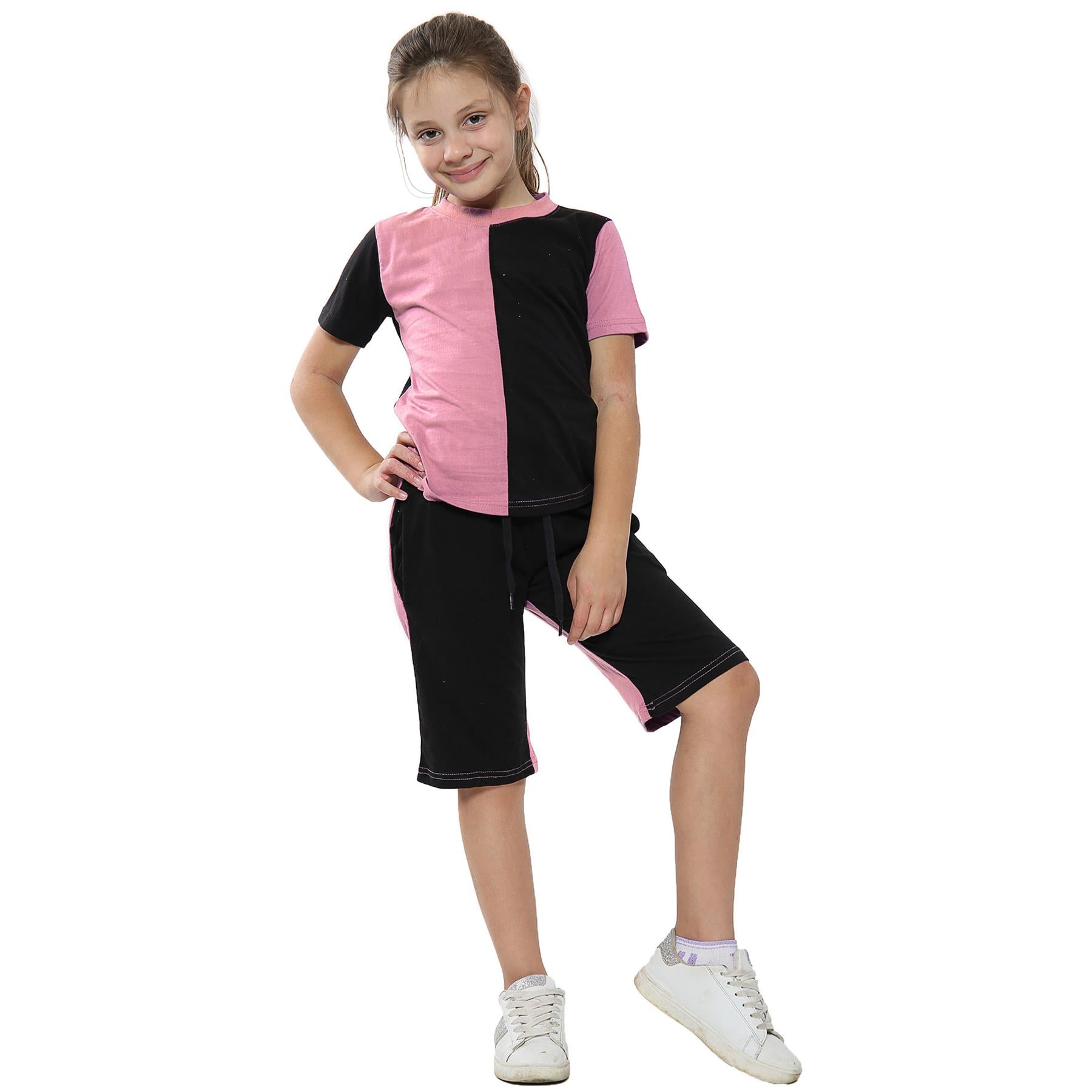 Kids Girls Colour Contrast Panel Top & Shorts Set