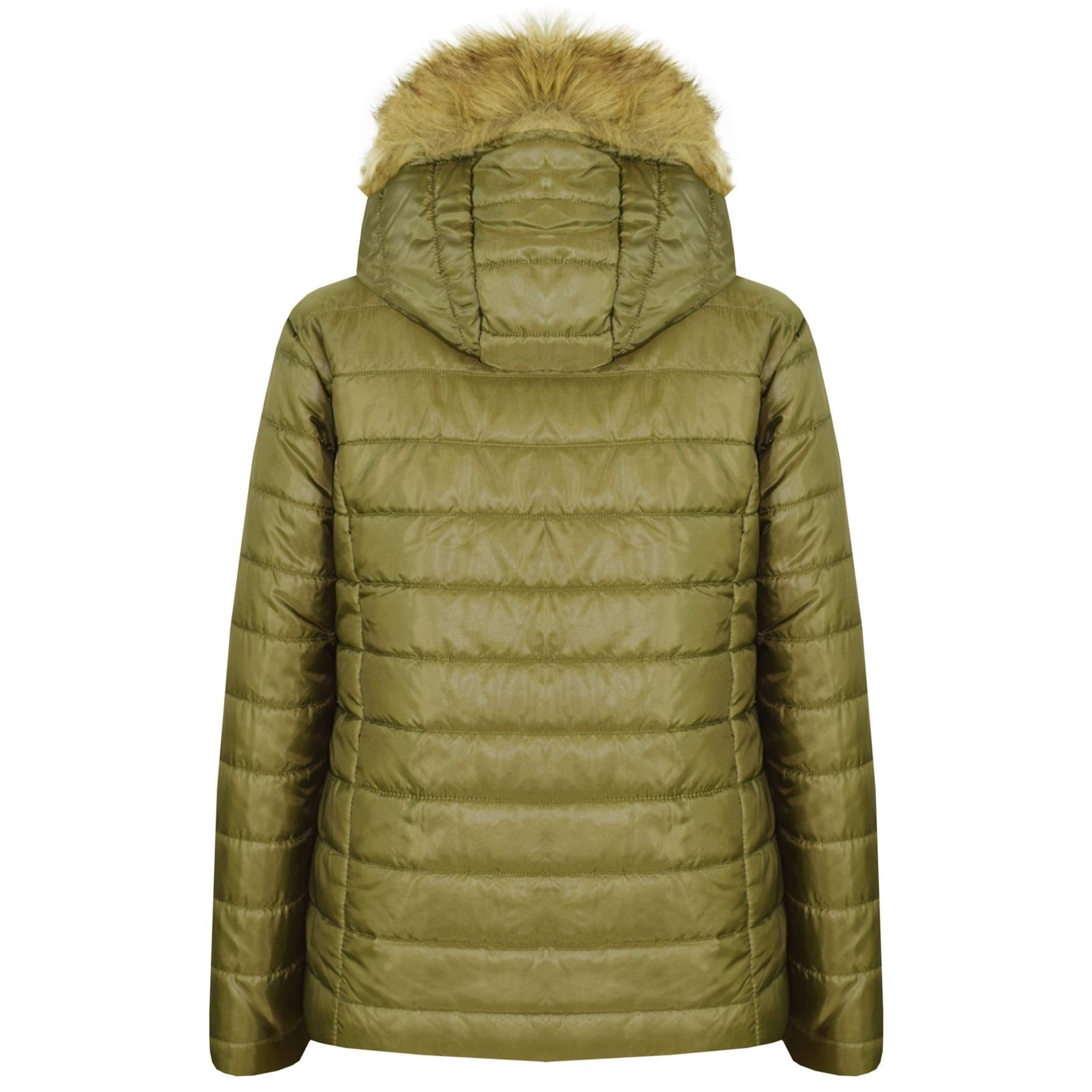 Kids Girls Jackets Olive Puffer Padded Quilted Detachable Hood Faux Fur Top Coat