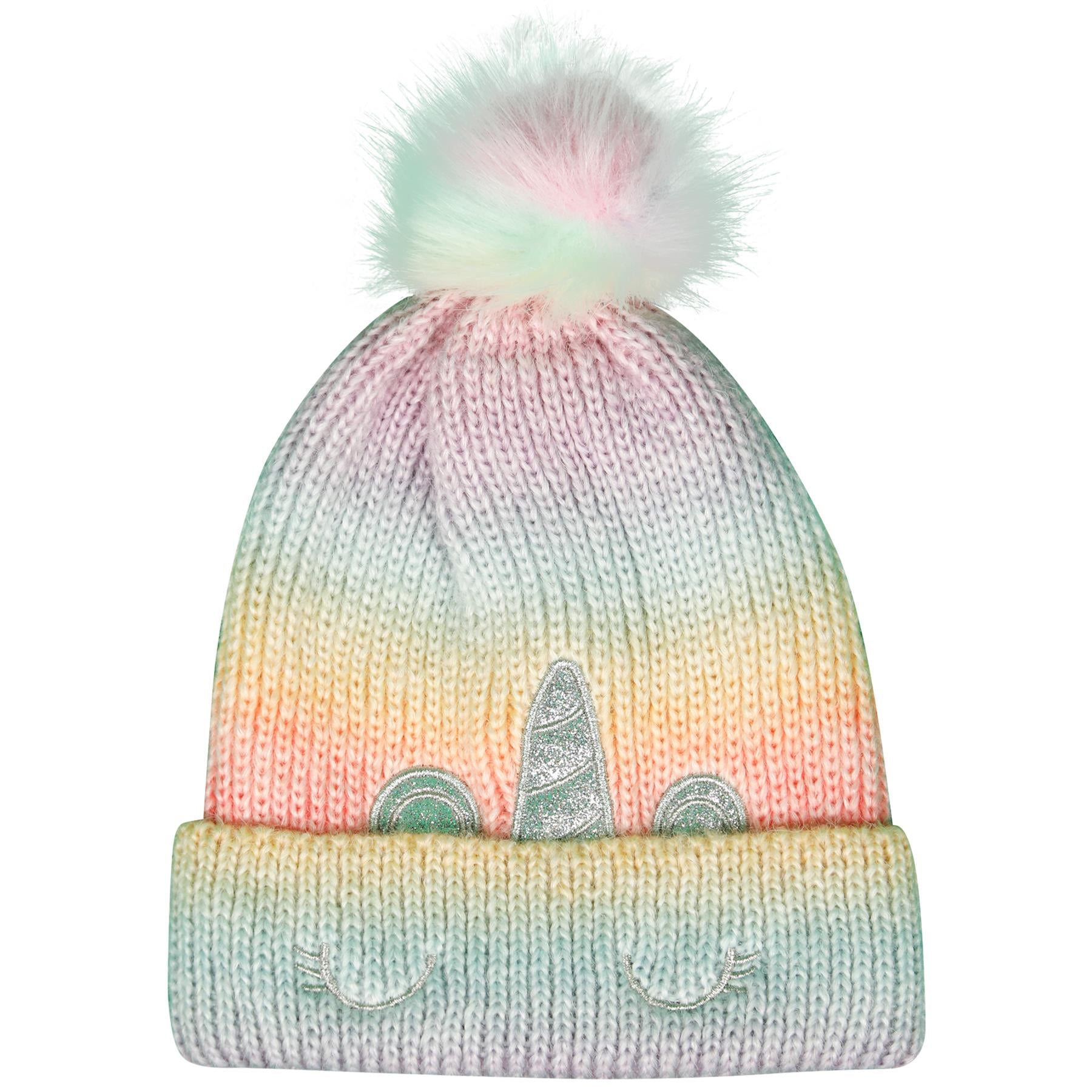 Kids Girls Cable Knit Hat Unicorn Bobble Baenie Pom Pom Soft Warm Winter Hat