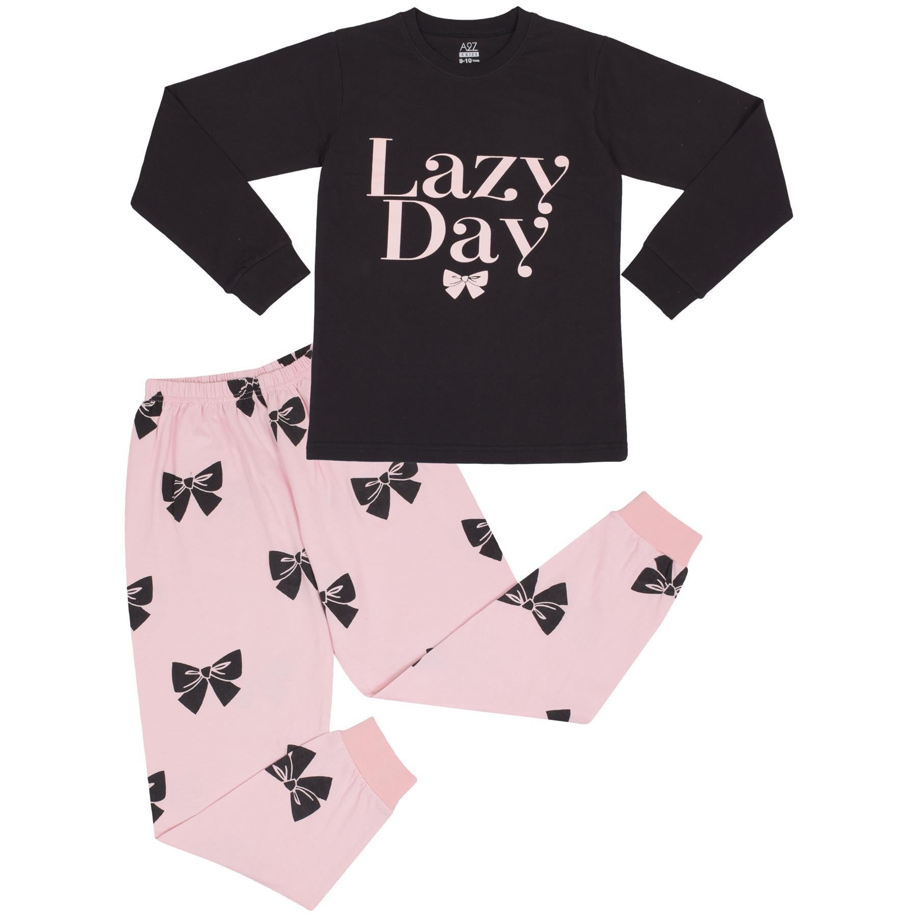 A2Z 4 Kids Girls Lazy Day Print Black 2 Piece Pyjamas Set Ages 2-13 Years