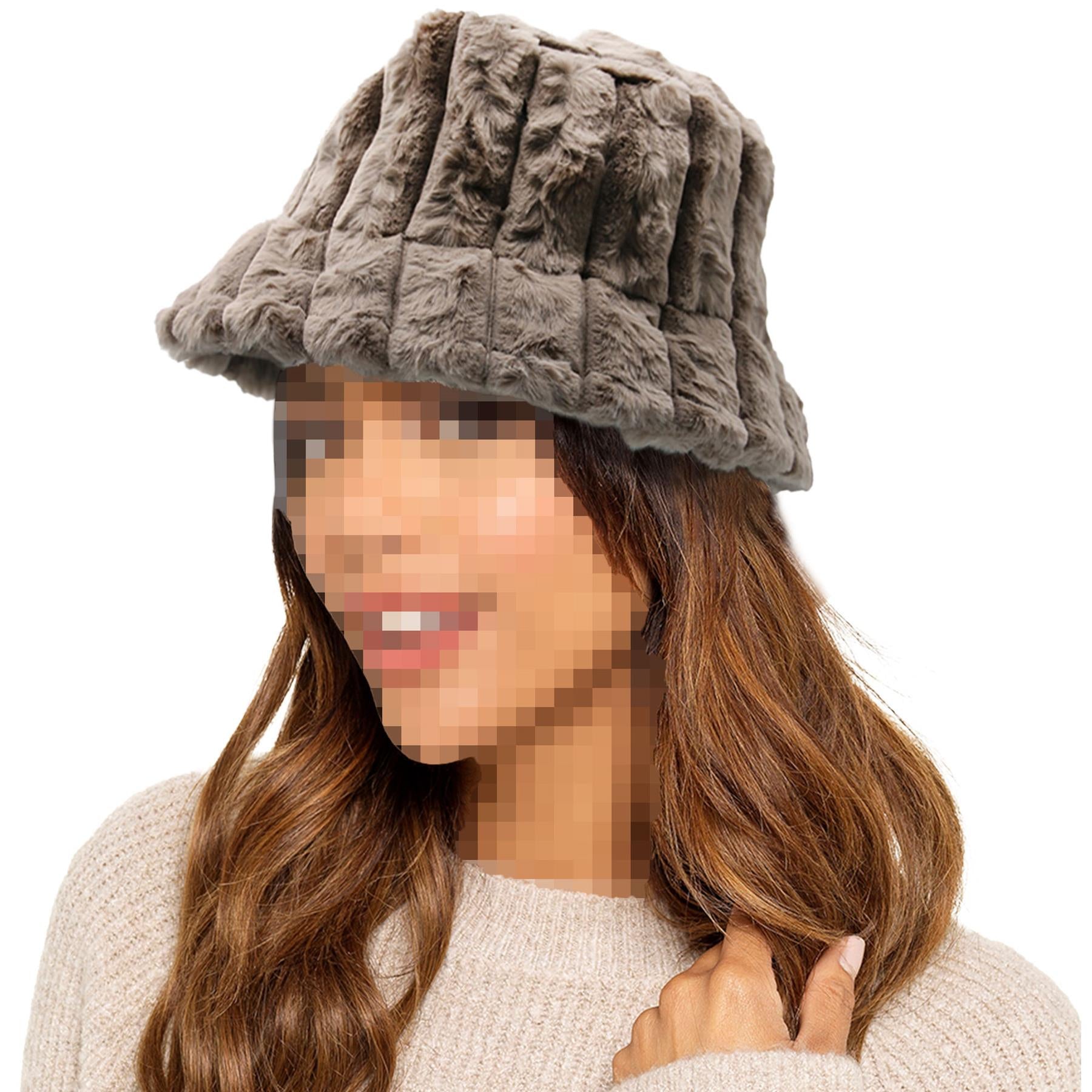 Ladies Bucket Hats Winter Warm Fluffy Stripe Faux Fur Soft Plush Fisherman Cap