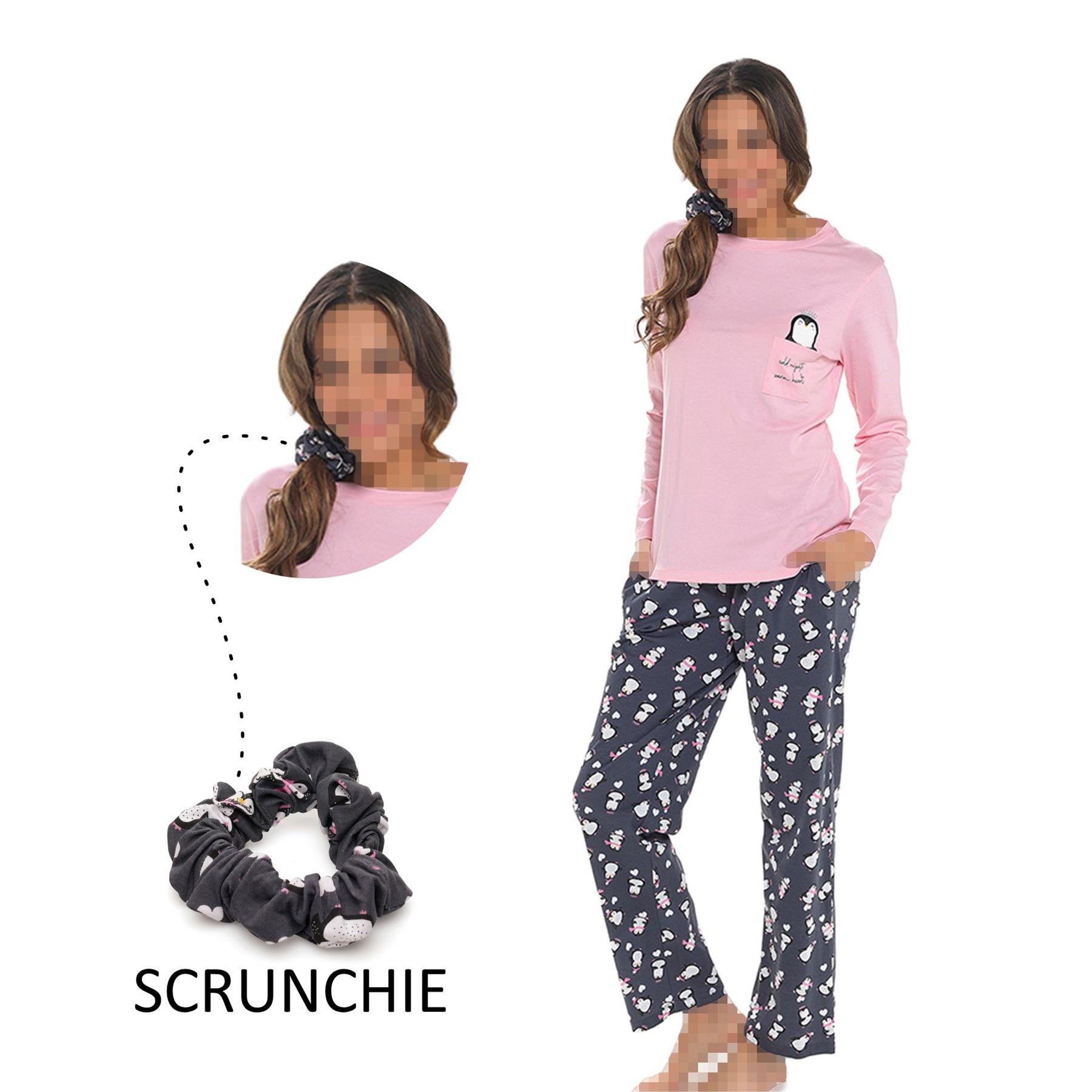 A2Z Ladies Pyjama Set Womens Varsity Penguin Cosy Pyjamas Matching Scrunchie