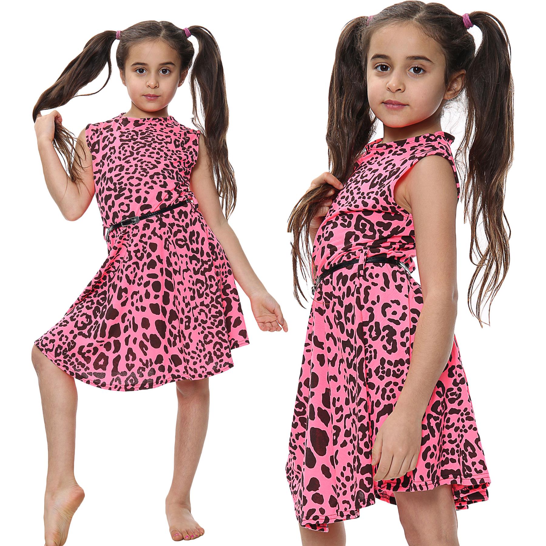 Kids Girls Skater Dress Leopard Summer Dresses With A Free Belt Age 5-13 Years