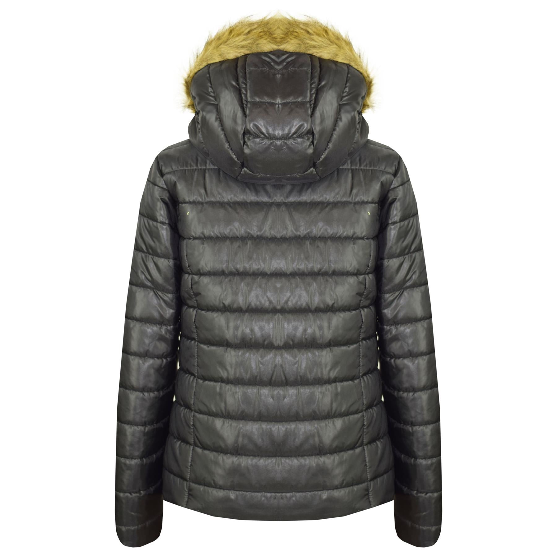 Kids Girls Jackets Black Puffer Padded Quilted Detachable Hood Faux Fur Top Coat