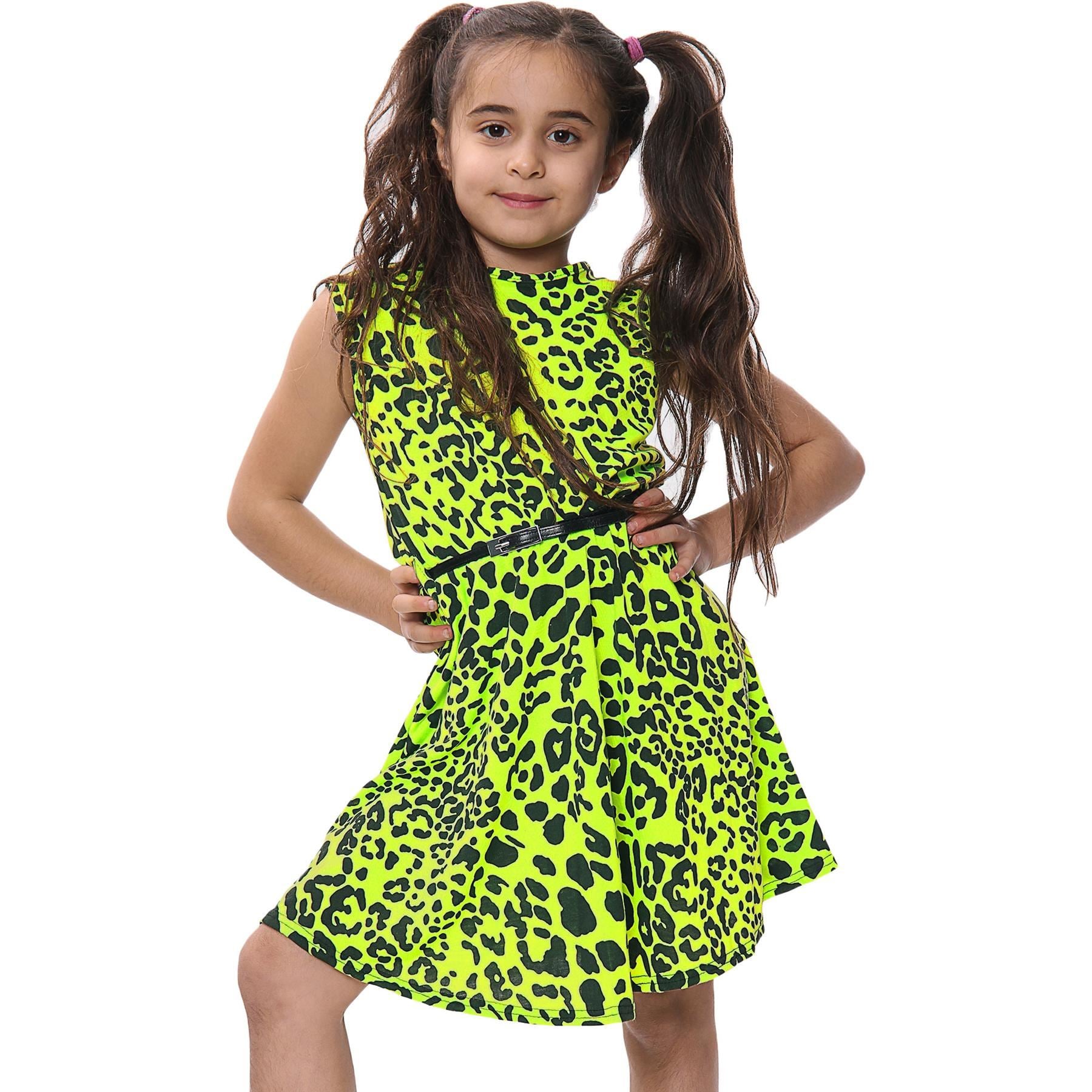 Kids Girls Skater Dress Leopard Summer Dresses With A Free Belt Age 5-13 Years