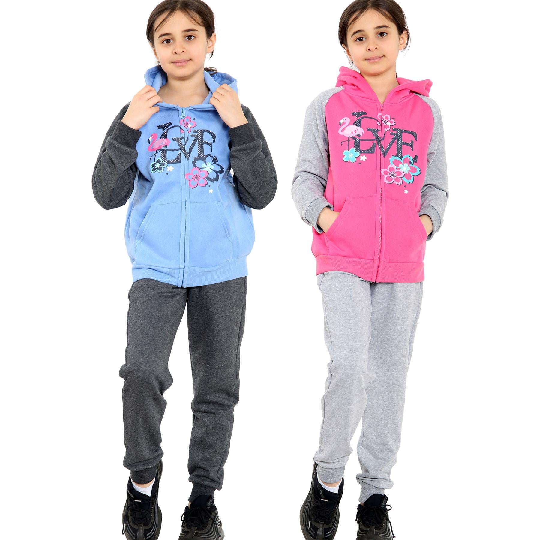 Kids Girls Love Print Hooded Zipper Hoodie & Bottom Jogging Suit