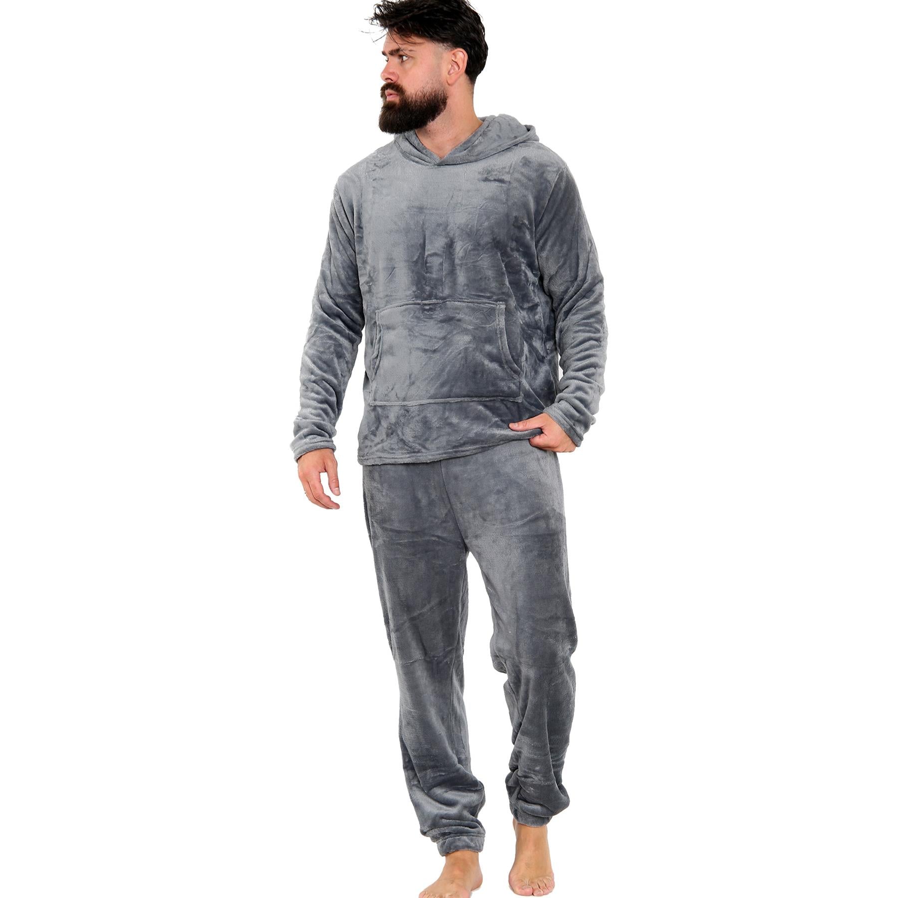 Mens Pyjamas Set Long Sleeve Hooded Plain Soft Fleece Pyjamas Set