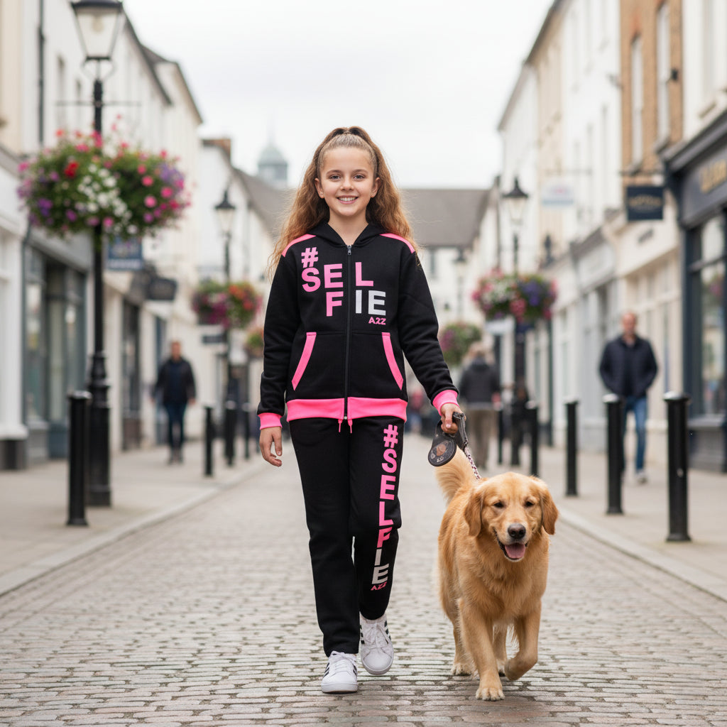 A2Z 4 Kids Girls Boys #SELFIE Tracksuit Hoodie & Joggers Outfit Set Top Bottom