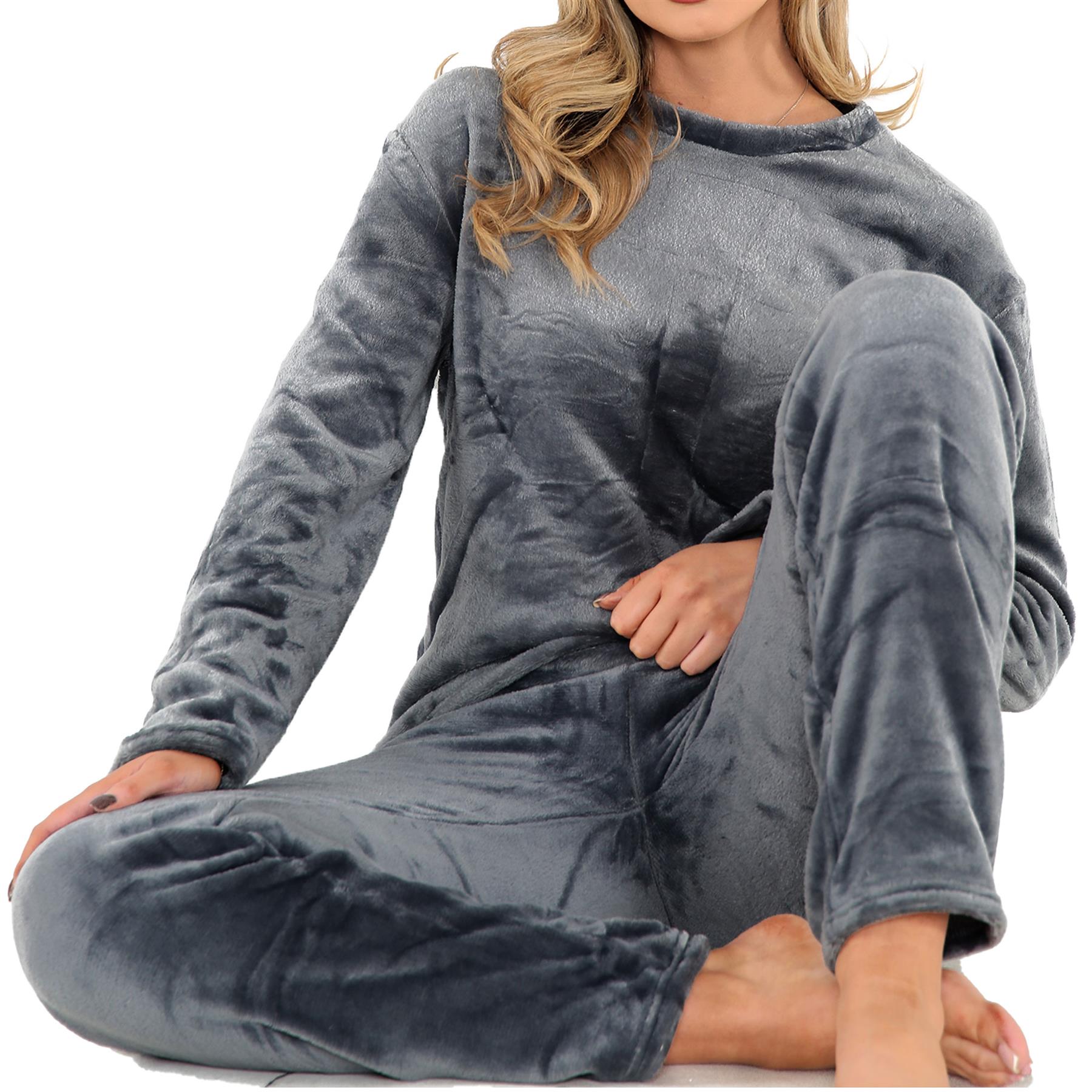 Ladies Pyjamas Soft Warm Fleece Adults Crew Neck Pyjamas 2 Piece Gift Set