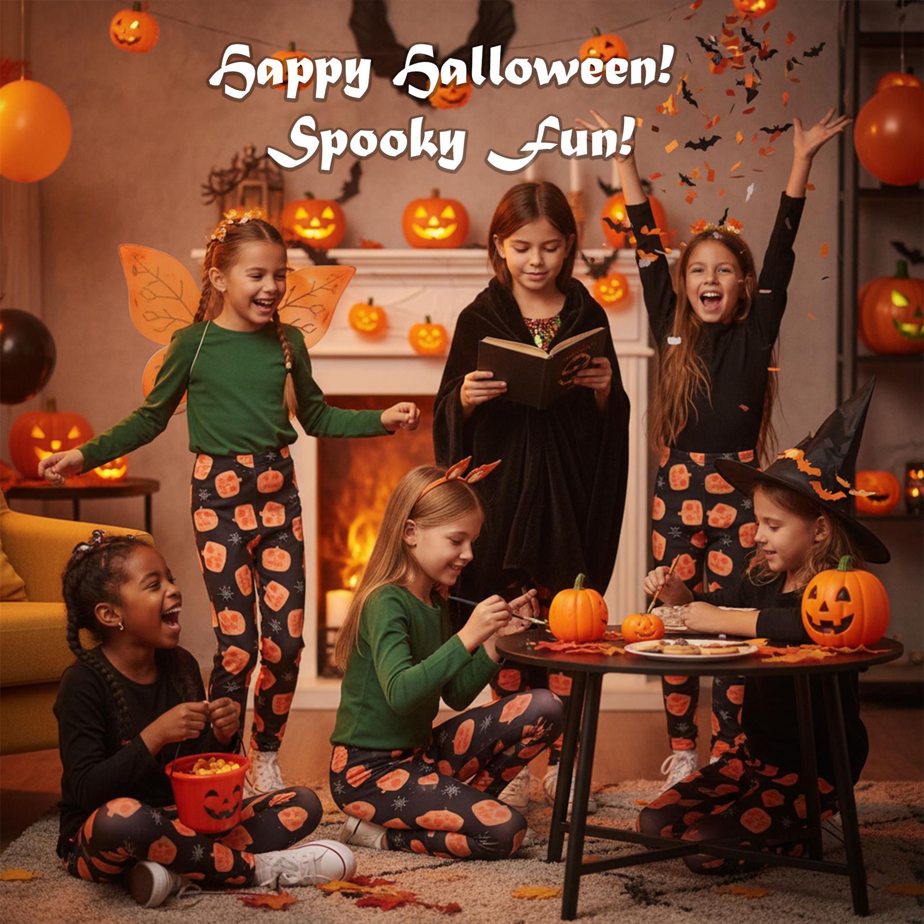 Girls Pumpkins & Spider Web Print Black Soft Stretchy Halloween Leggings