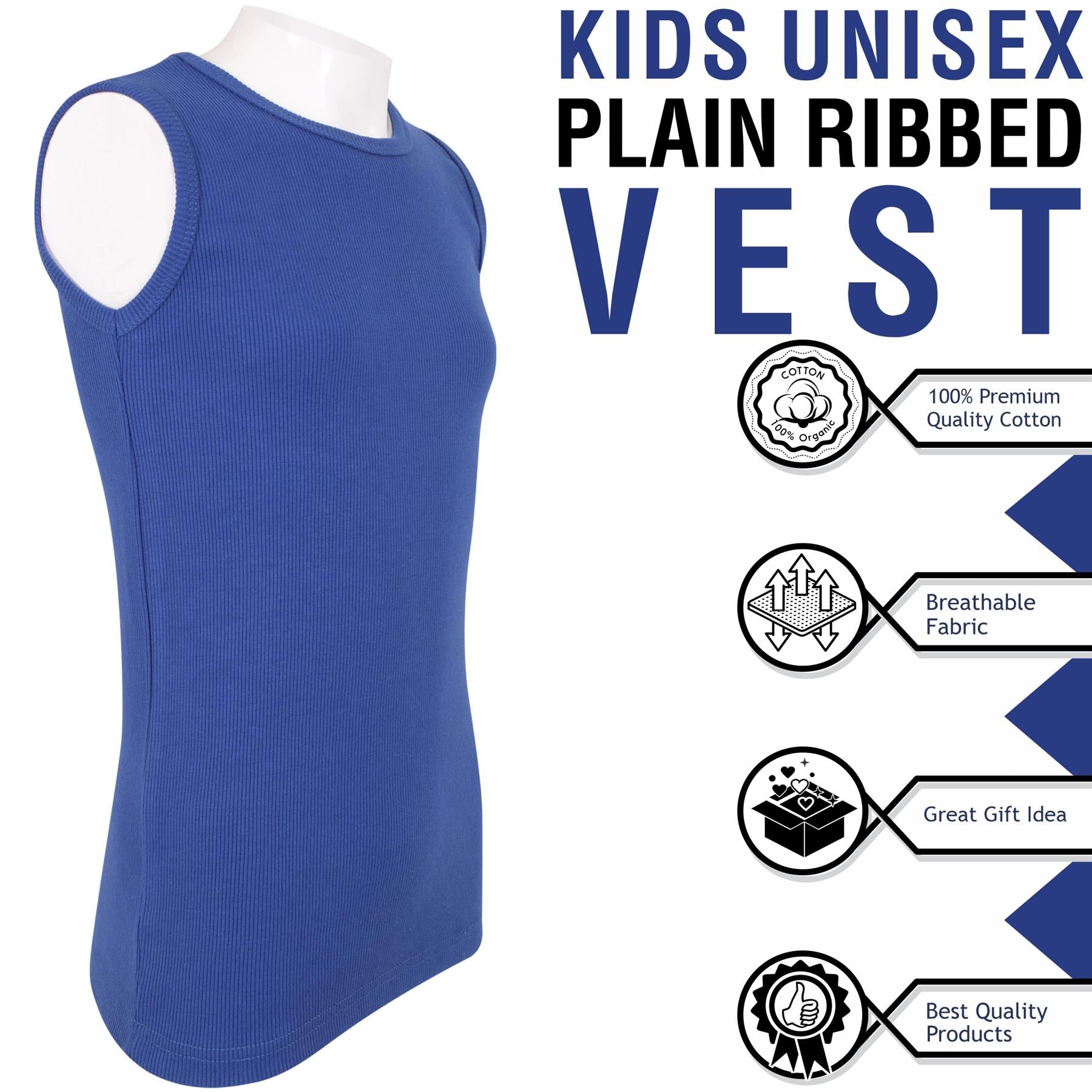 Kids Girls Boys Childrens Vest Top Tank Top Fitted 100% Rich Cotton 2-13 Years