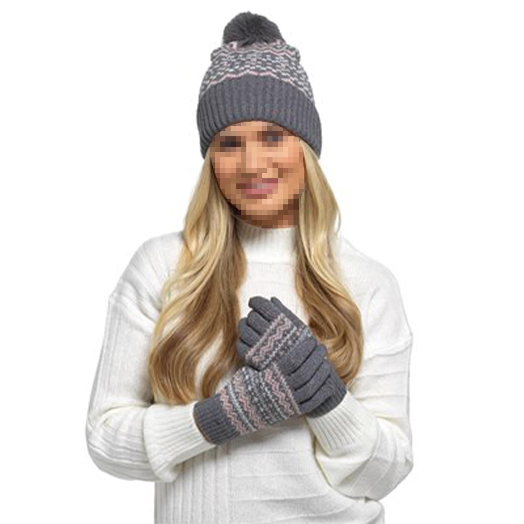 A2Z Ladies Hat Gloves Fairisle Knit Beanie Pom Pom Winter Warm Cozy Gloves Set