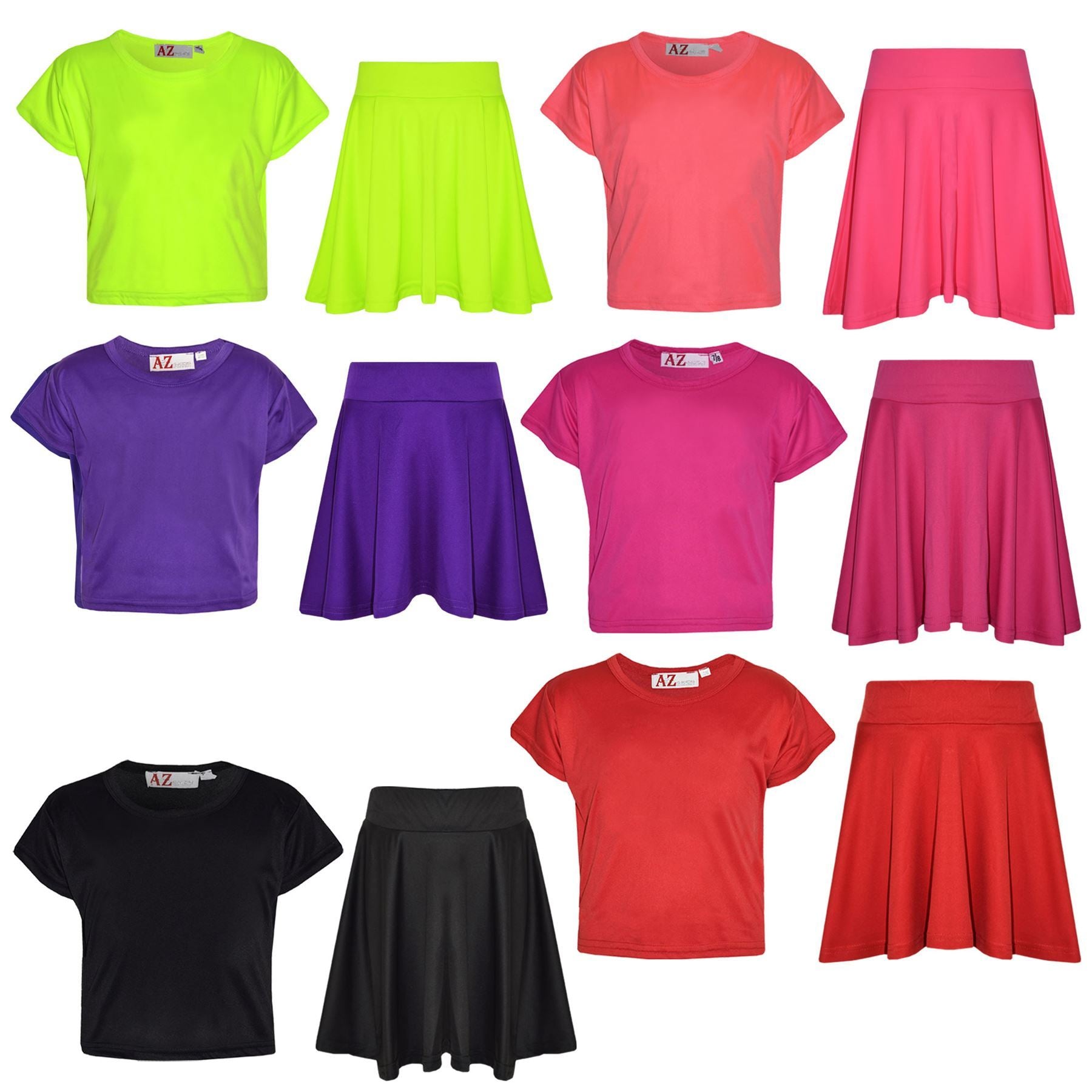 A2Z Kids Girls Plain Crop Top & Skater Skirt Set Summer Wear Age 5-13 Years