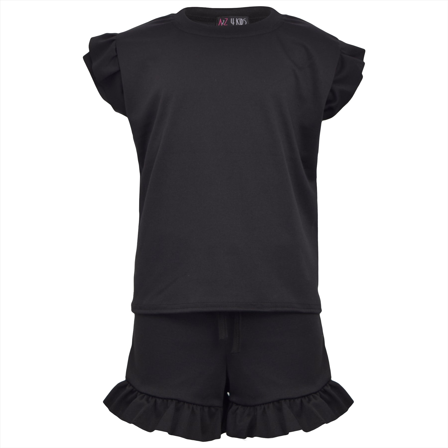 Kids Girls Flared Cap Sleeves Crop Top Plain Color T Shirt Top & Hot Shorts Set