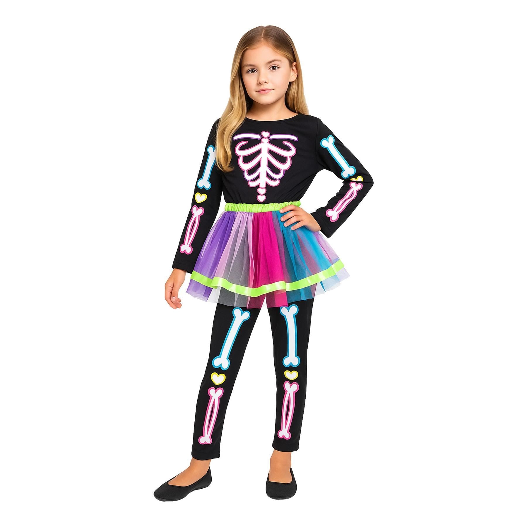 Kids Girls Skeleton Costume With Rainbow Tutu Halloween Parties Fancy Dress
