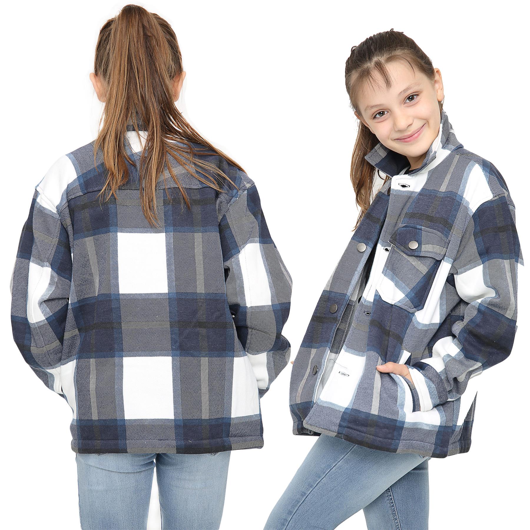 Kids Girls Check Print Navy Jackets Tunic Fleece Collared Fashion Coat 7-13 Year