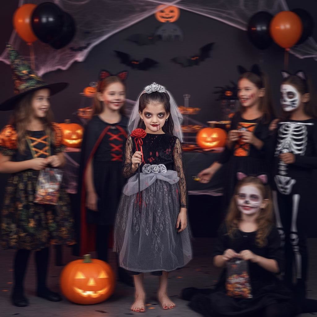 Kids Girls Zombie Bride Halloween Fancy Dress Spooky Costume Bloody Corps Gown