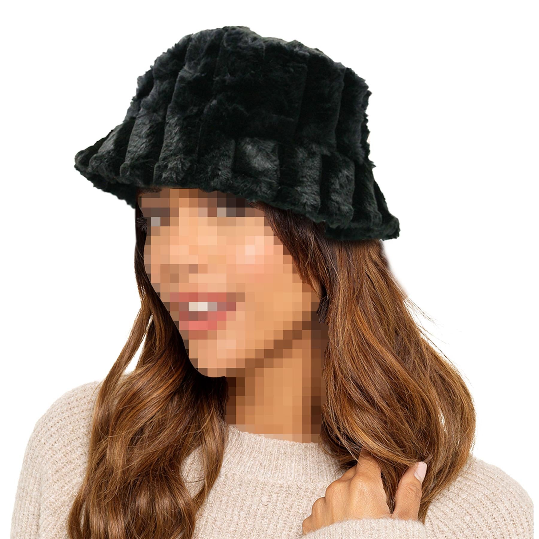 Ladies Bucket Hats Winter Warm Fluffy Stripe Faux Fur Soft Plush Fisherman Cap