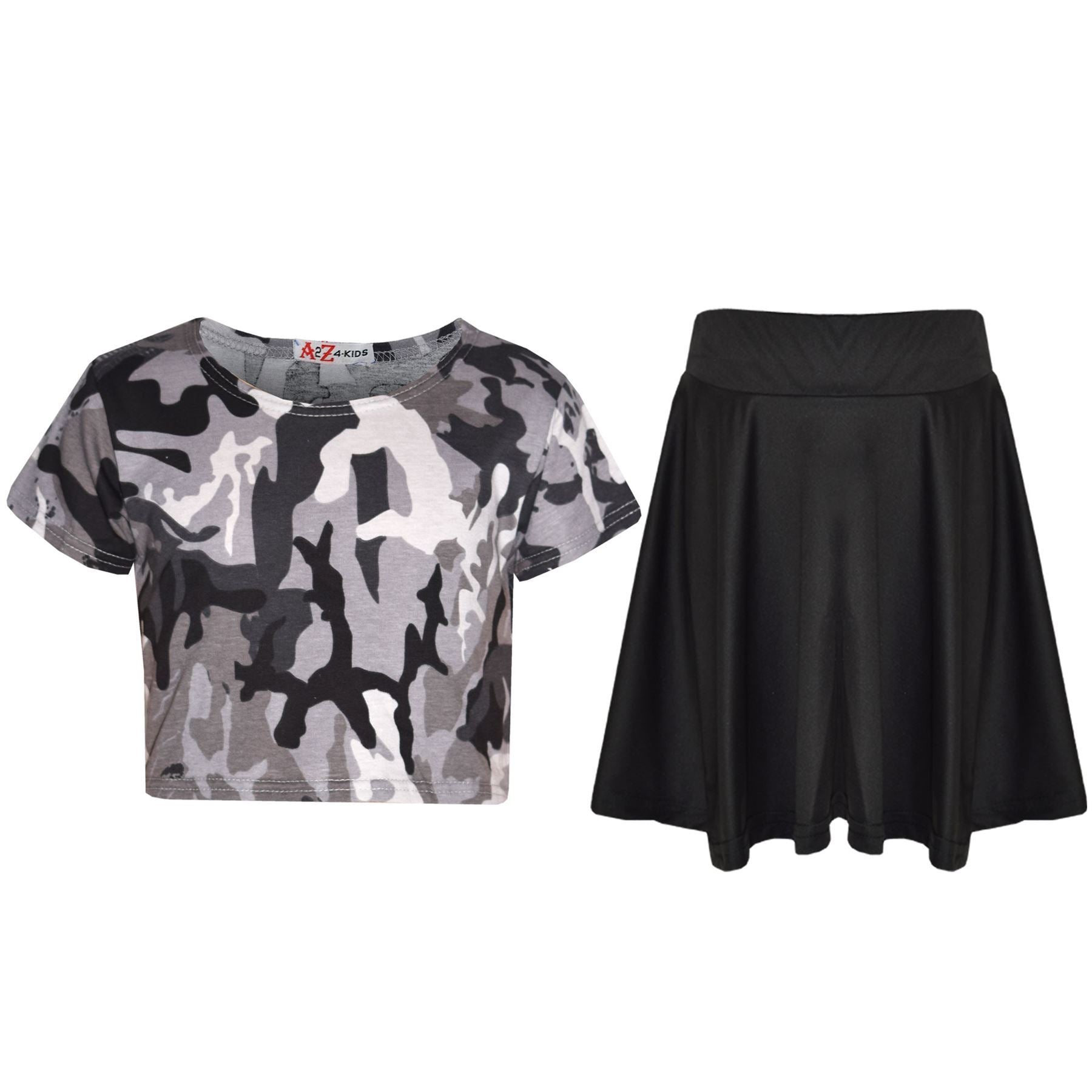 Kids Girls Camouflage Print Crop Top & Skater Skirt Summer Wear Outfit Set