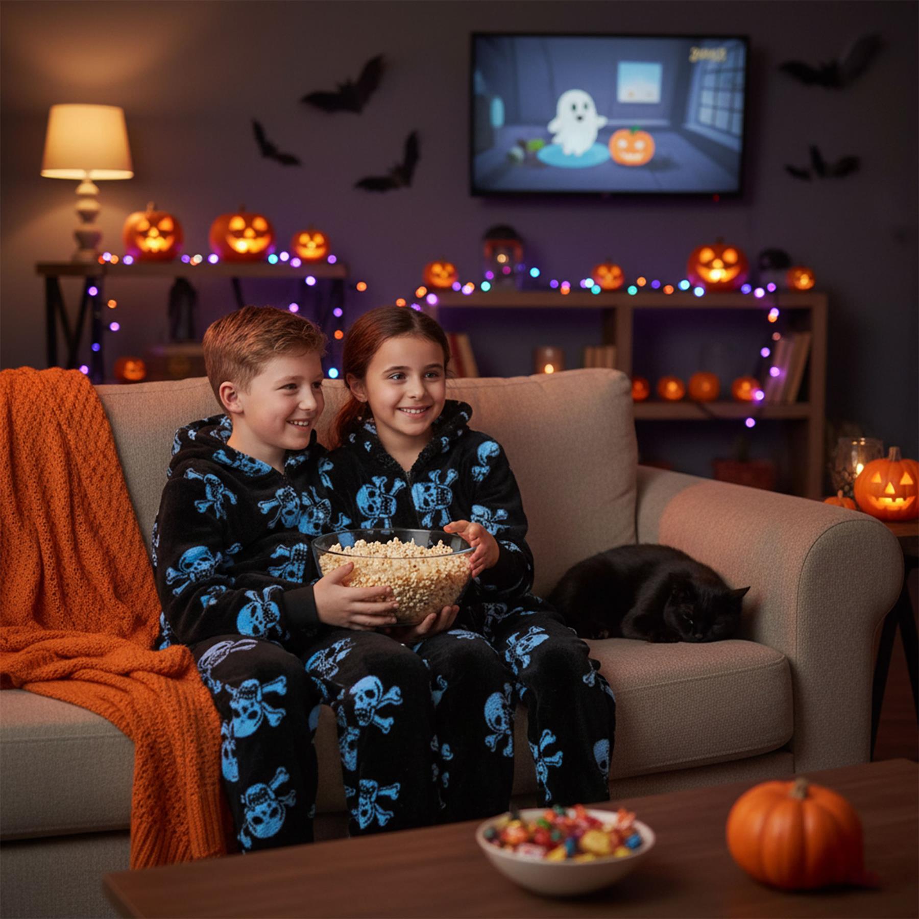 Kids Fun Halloween Skull Bones Print Onesie Pyjama Sets For Girls Boys Jumpsuit