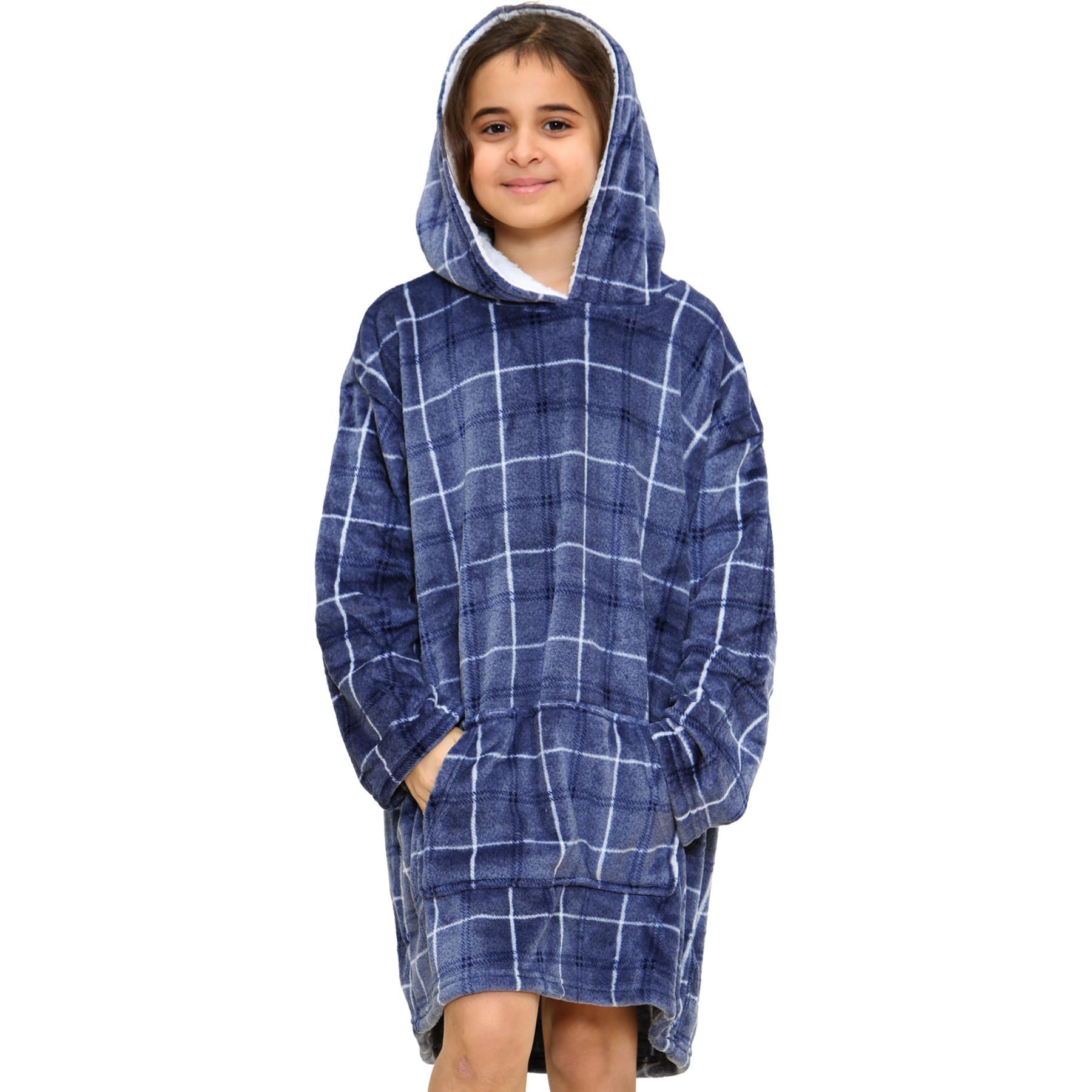 Kids Oversized Hoodie Blue Tartan Printed Snuggle Soft World Book Day Blanket