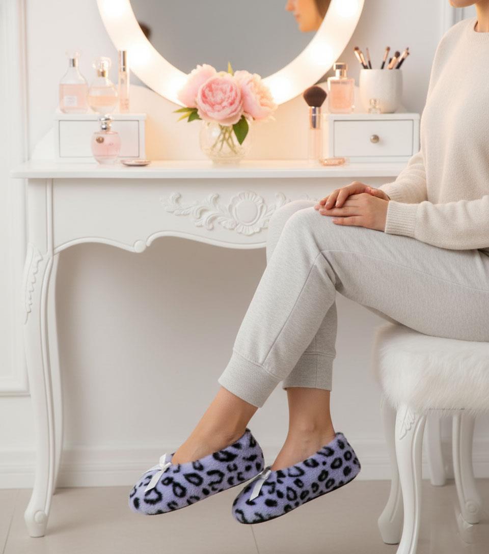 Ladies Heart Print Slipperette FleeceSlippers Socks Faux Fur Lining UK 4-8